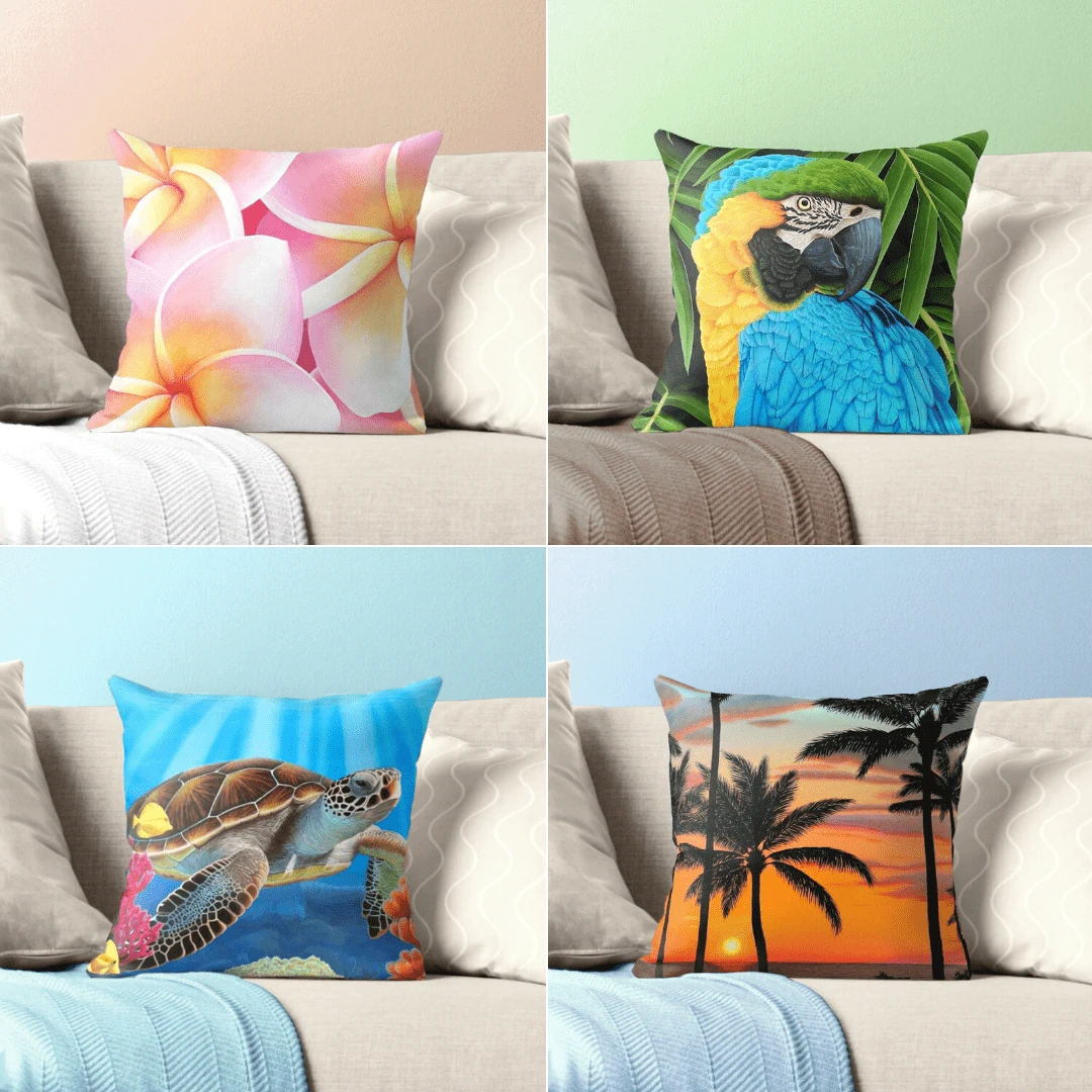 Coussin et housse tropical exotique, fleurs exotiques de frangipanier, perroquet ararauna, tortue de mer, coucher de soleil et palmiers