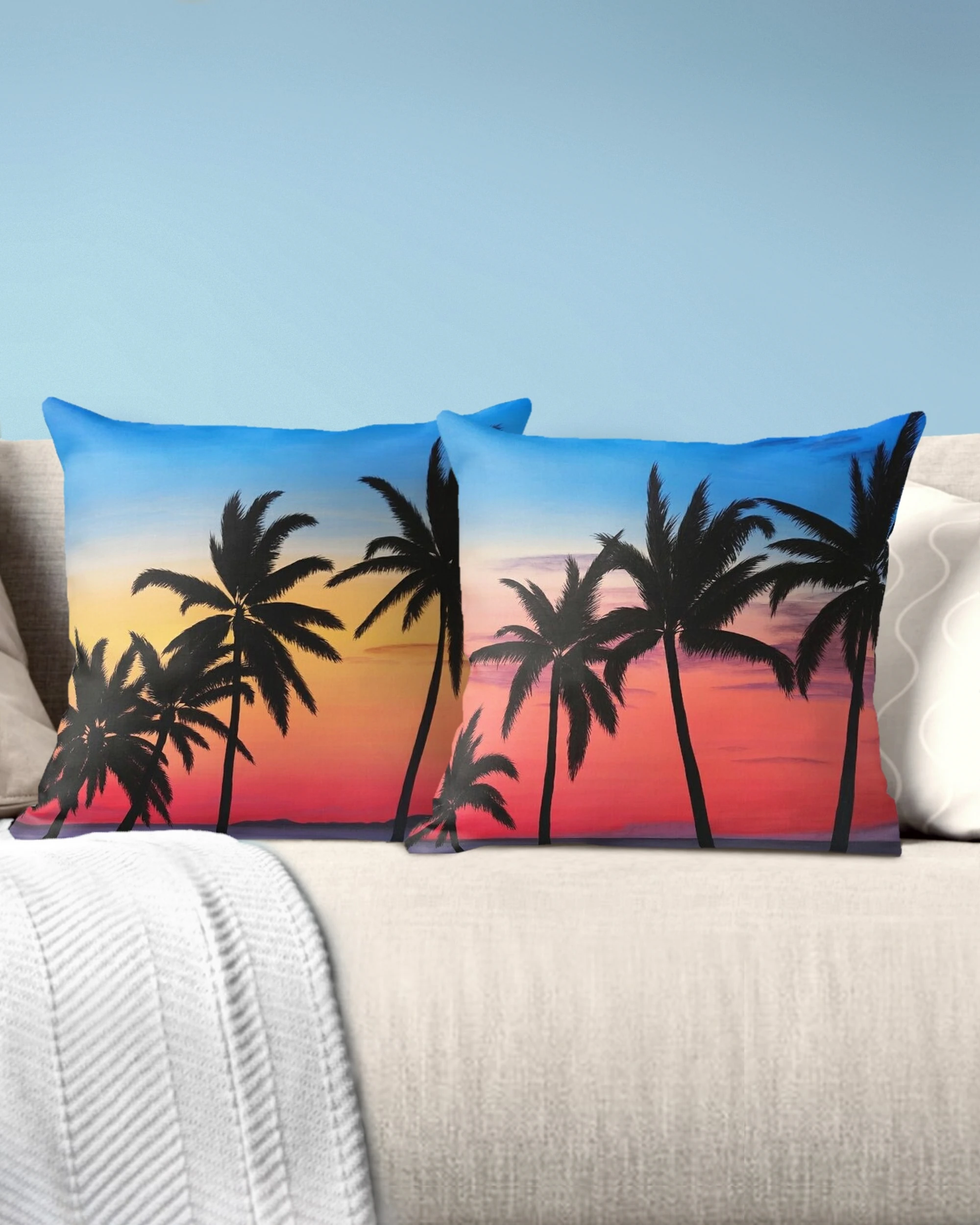 Coussin et housse tropical exotique, palmier plage, coucher de soleil