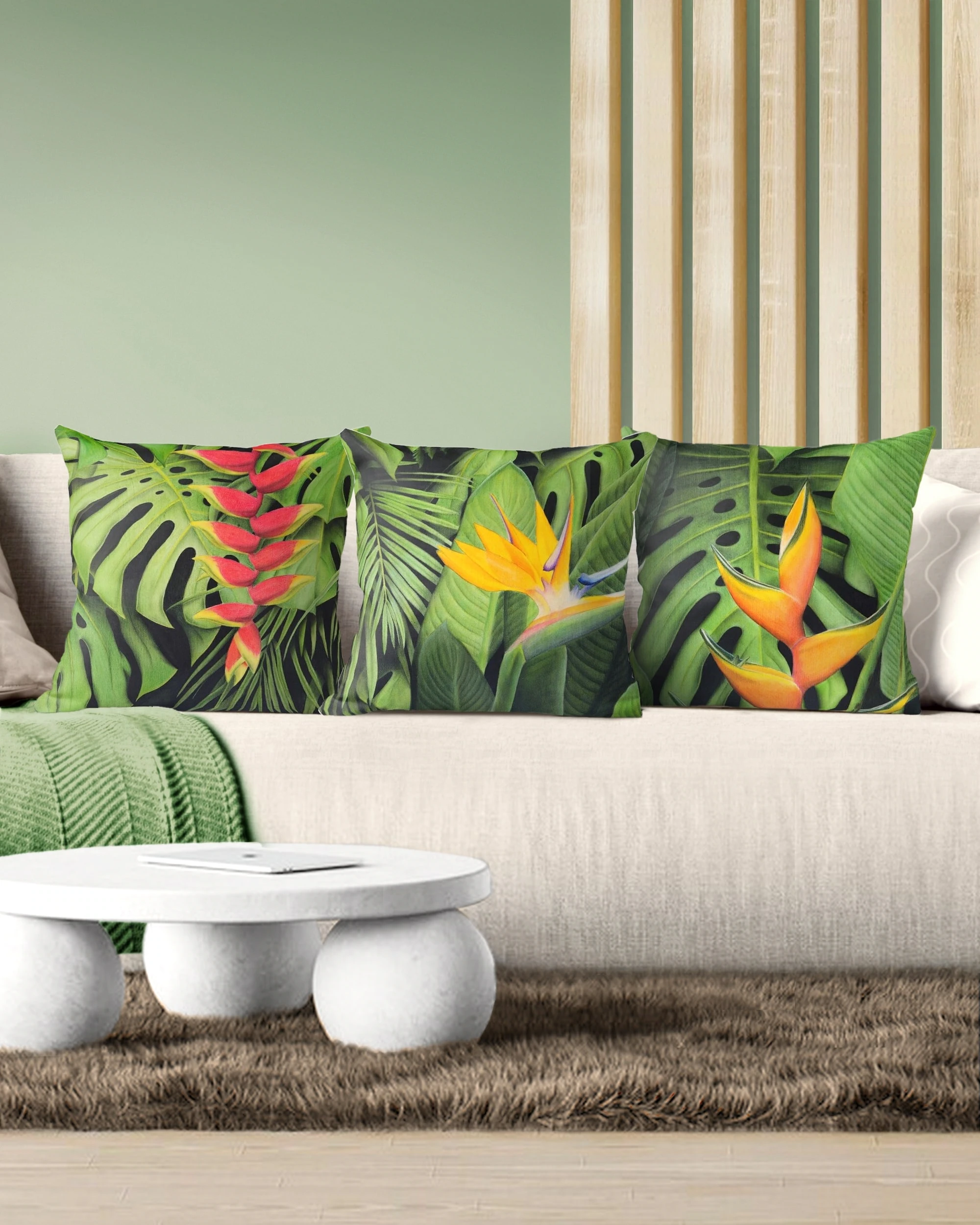 Coussin et housse tropical exotique, plantes et fleurs de la jungle, heliconia, oiseau de paradis, strelitzia, balisier