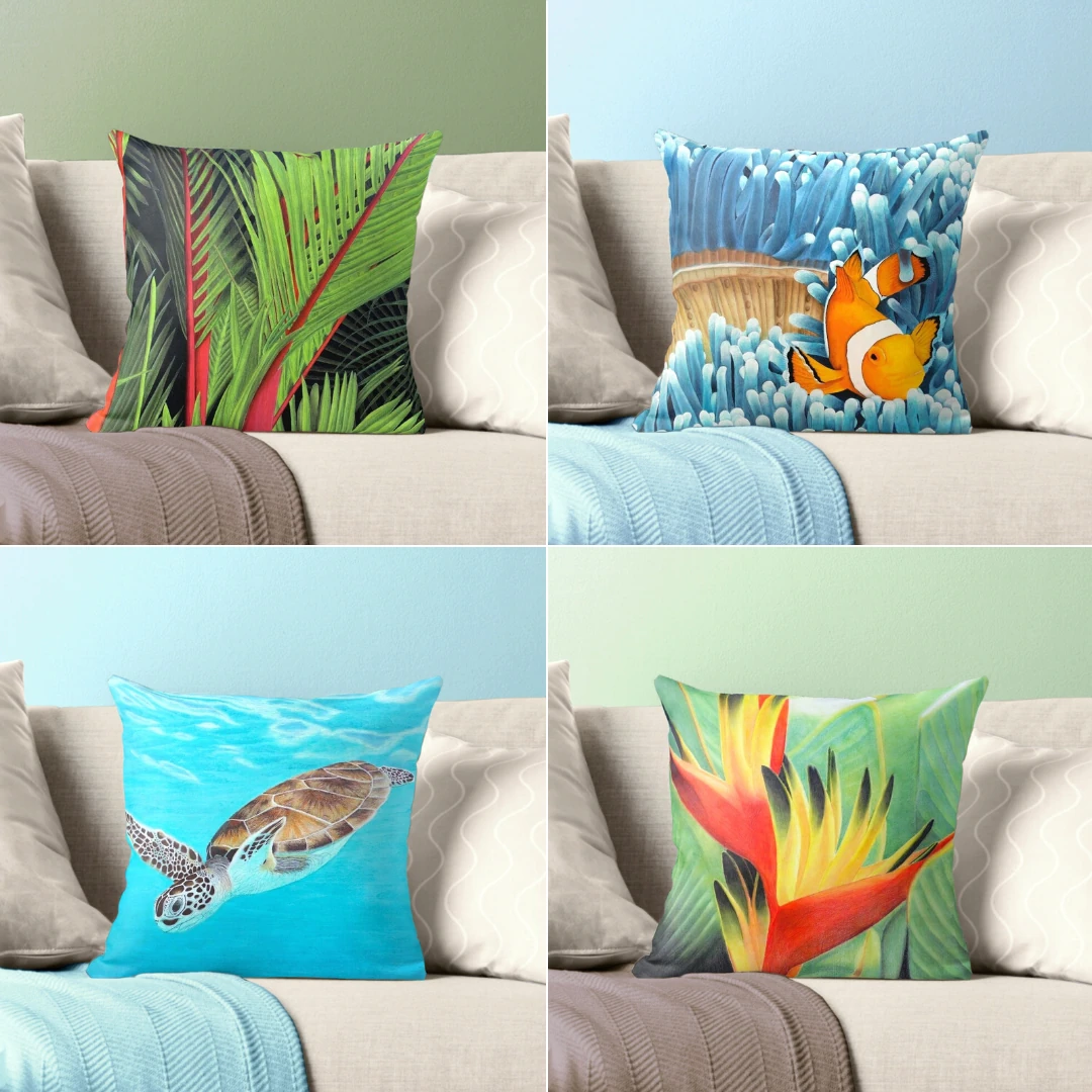 Coussin et housse tropical exotique, plantes palmiers rouges, anémones de mer bleu, tortue de mer dans l'ocean, fleurs heliconia