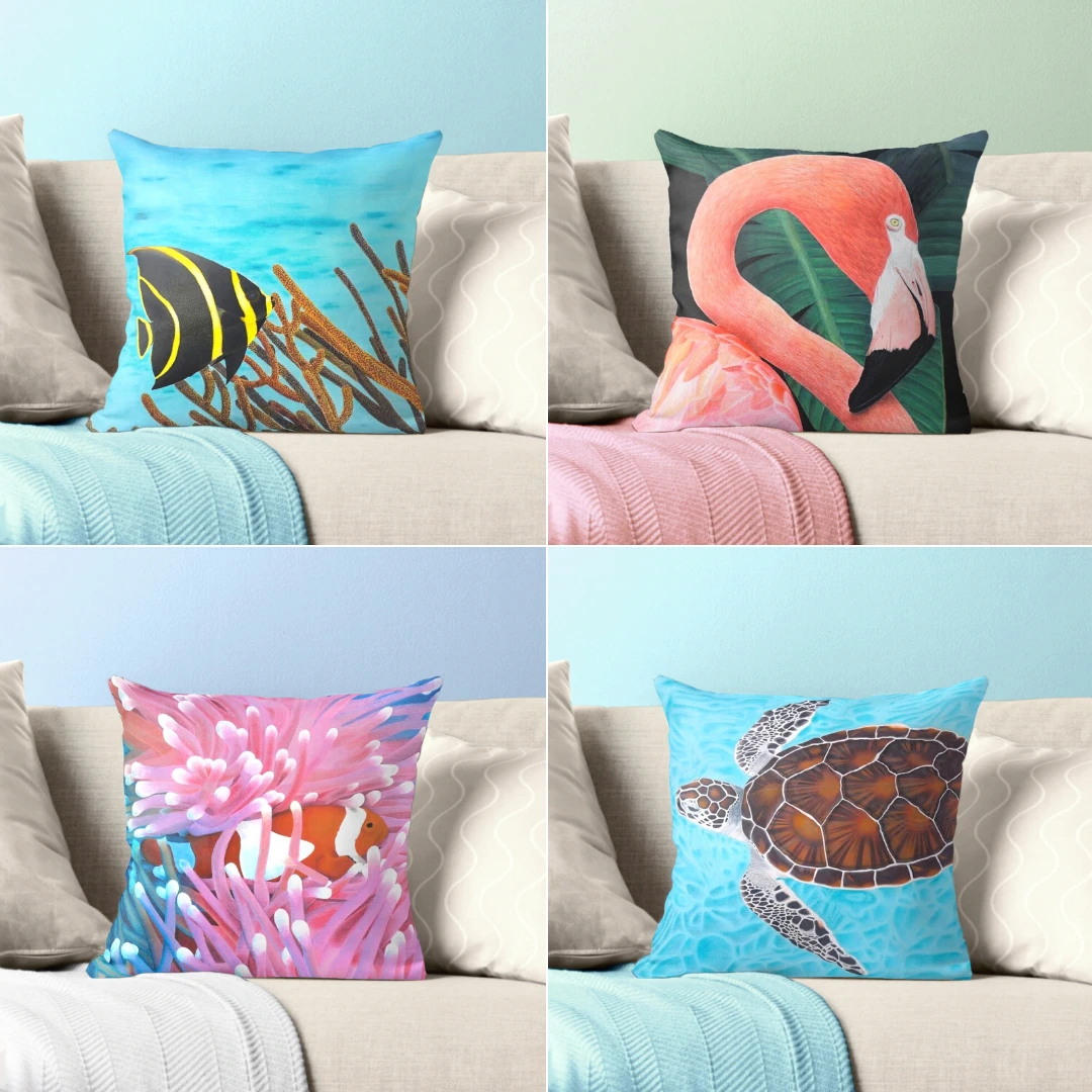 Coussin et housse tropical exotique, poisson ange et coraux, ocean turquoise, oiseau flamant rose, poisson clown et anémones rose et bleu, tortue de mer et ocean turquoise
