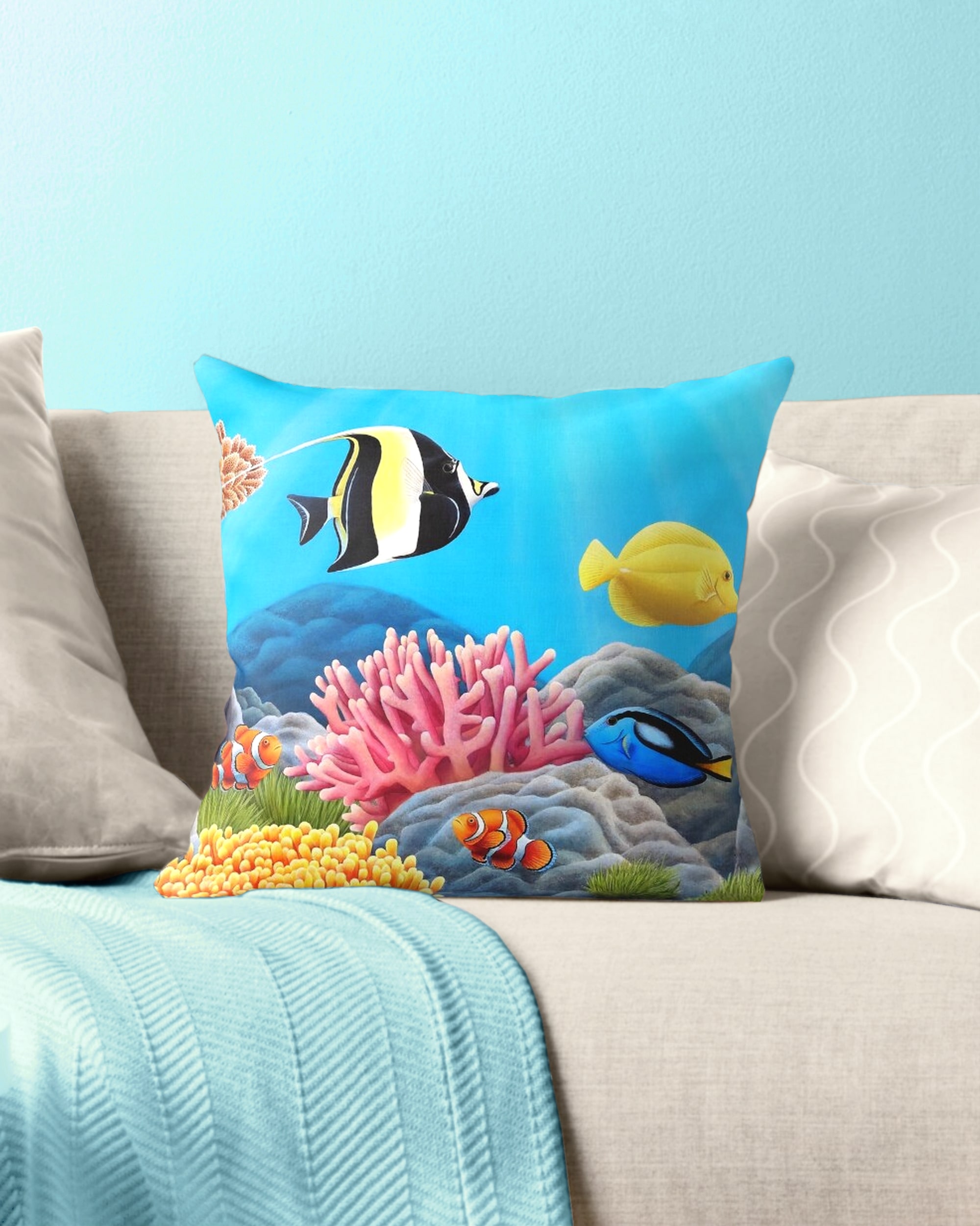 Coussin et housse tropical exotique, poissons tropicaux et récifs colorés, océan de lumière