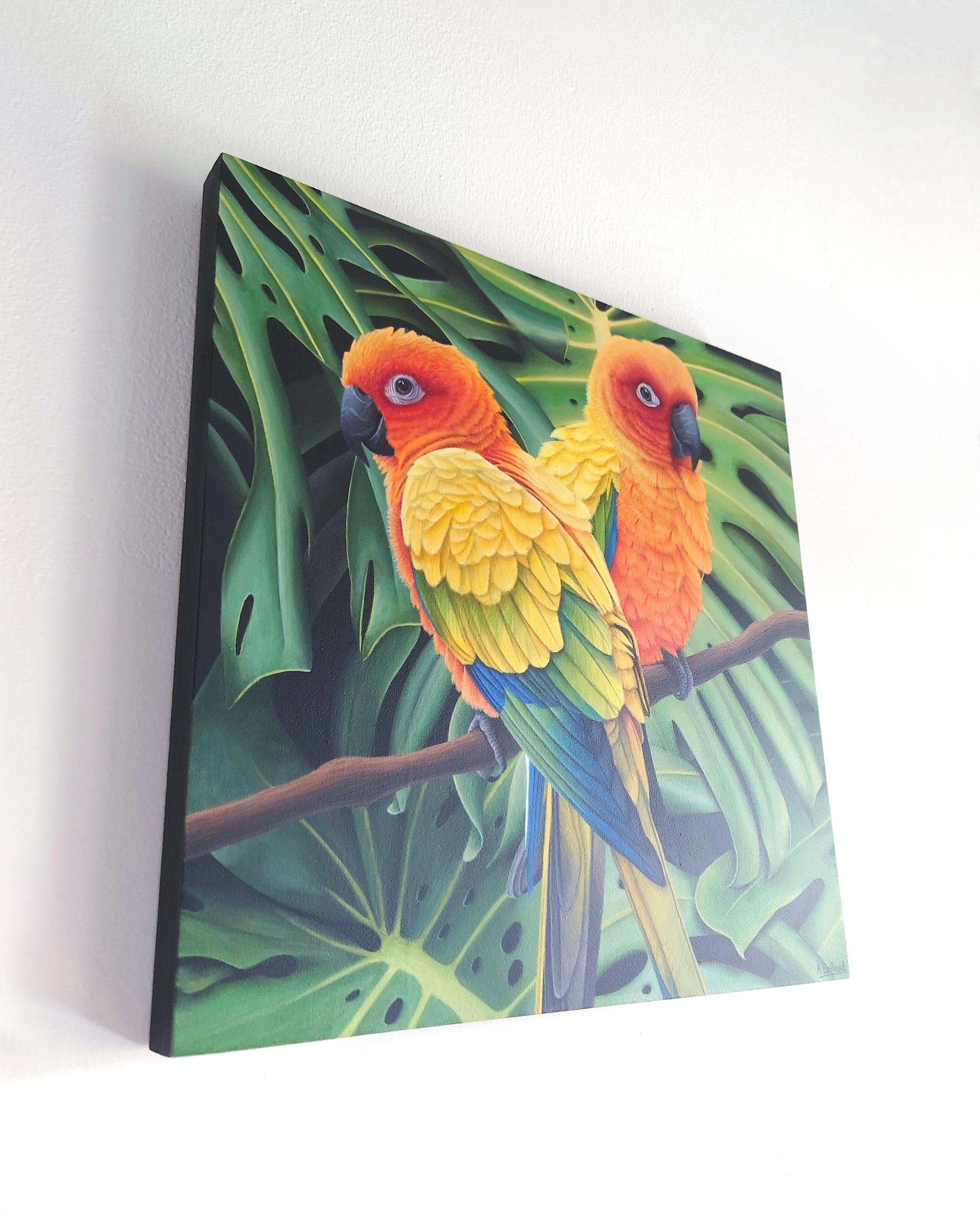 Peinture murale tropicale et exotique d'oiseaux, peinture de deux conures soleil dans un feuillage de monstera.