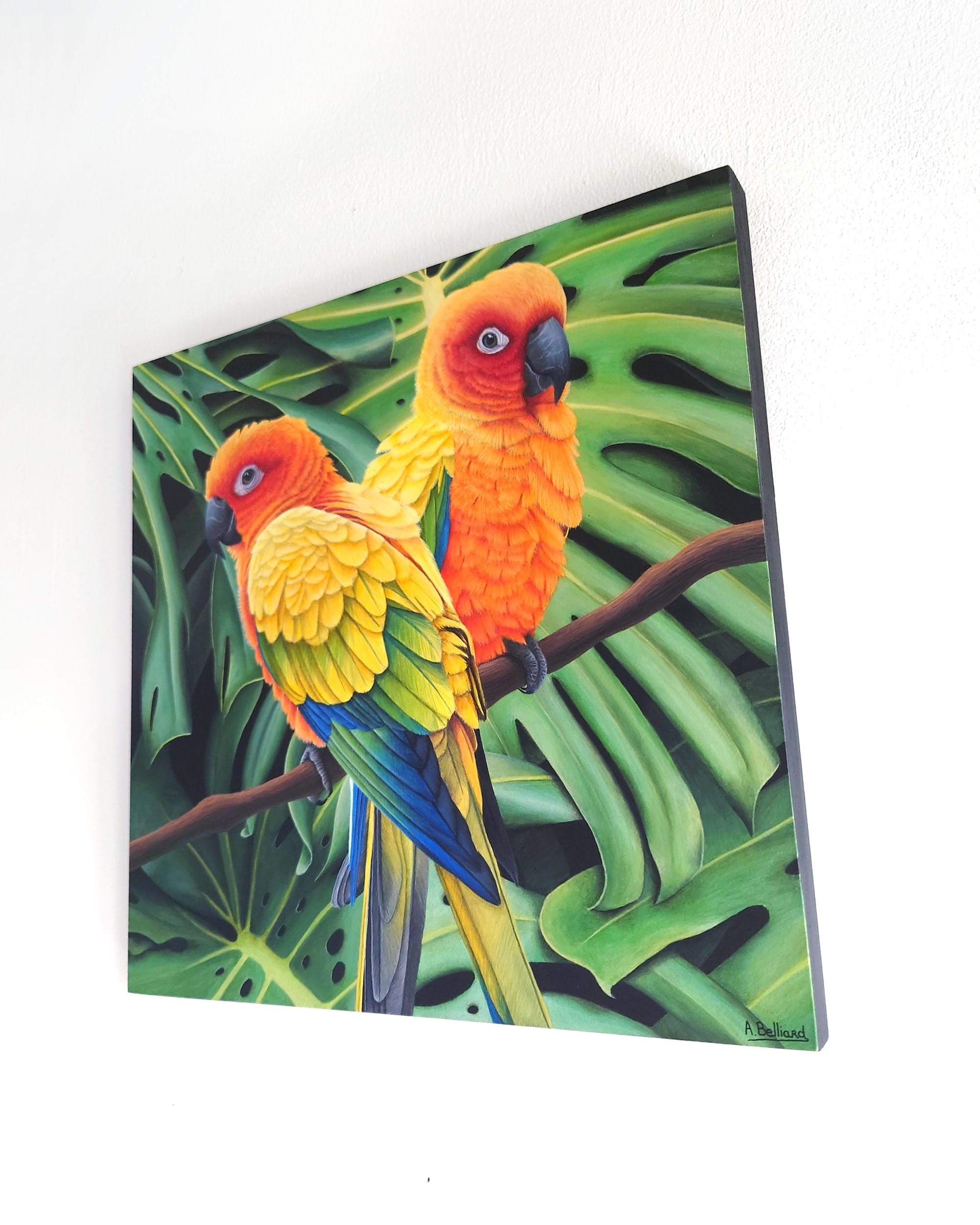 Petit tableau d'art mural tropical et exotique d'oiseaux, peinture de deux conures soleil dans un feuillage de monstera