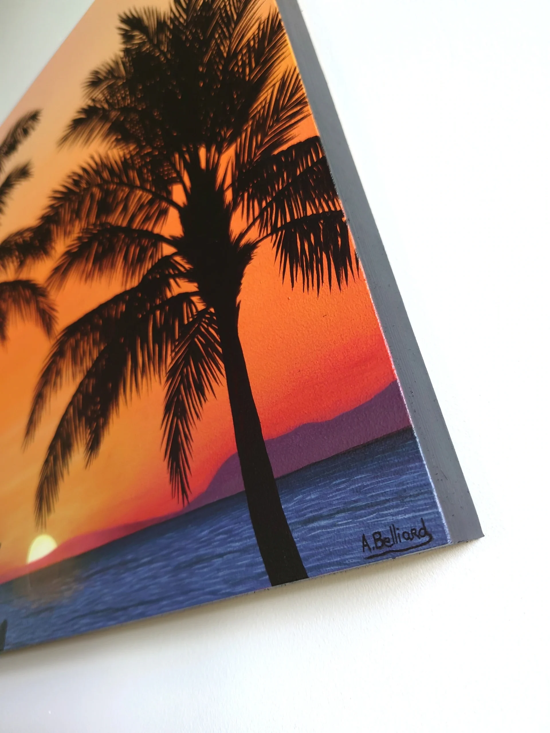Petit tableau d'art mural tropical et exotique d'un coucher de soleil orange sur une plage de palmiers