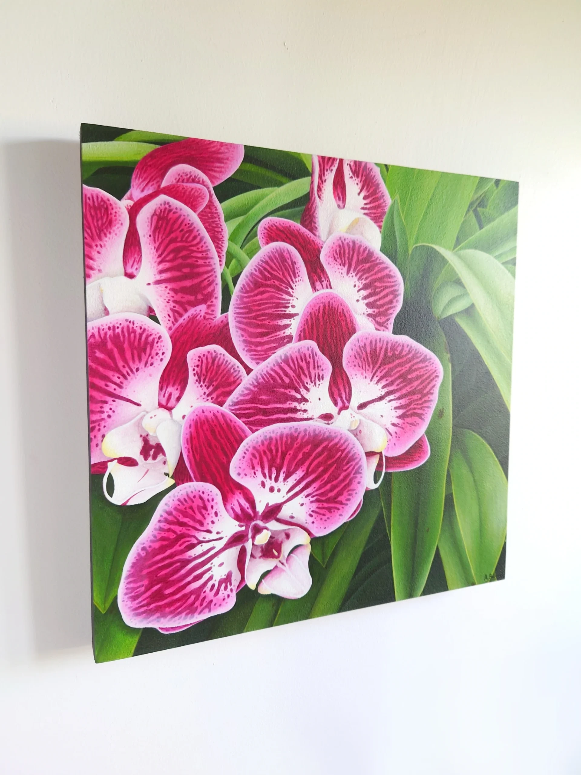 Petit tableau d'art mural tropical et exotique de fleurs tropicales d'orchidée roses avec son feuillage vert