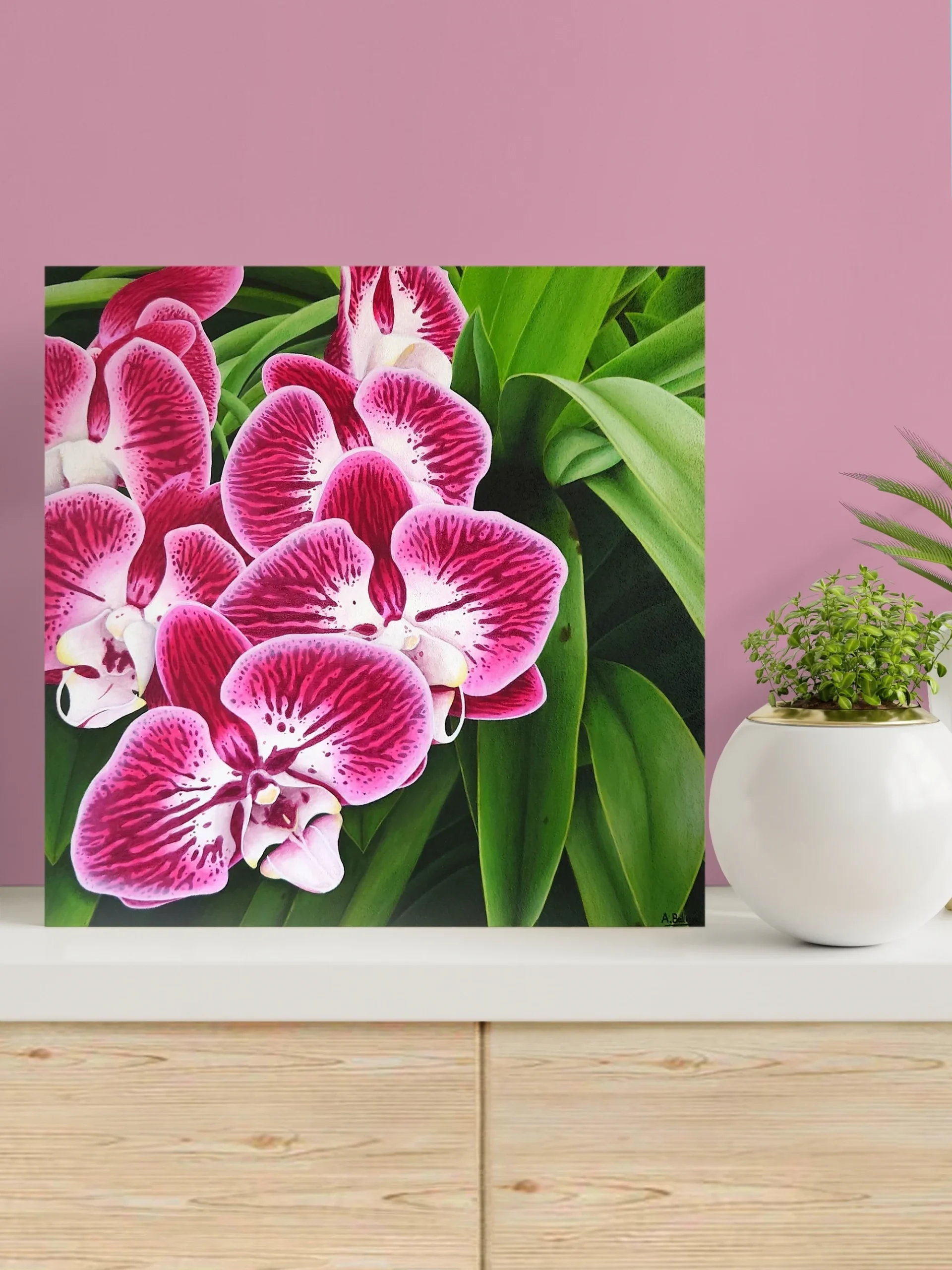 Décoration tropicale et exotique avec un Petit tableau de fleurs tropicales d'orchidée roses avec son feuillage vert.