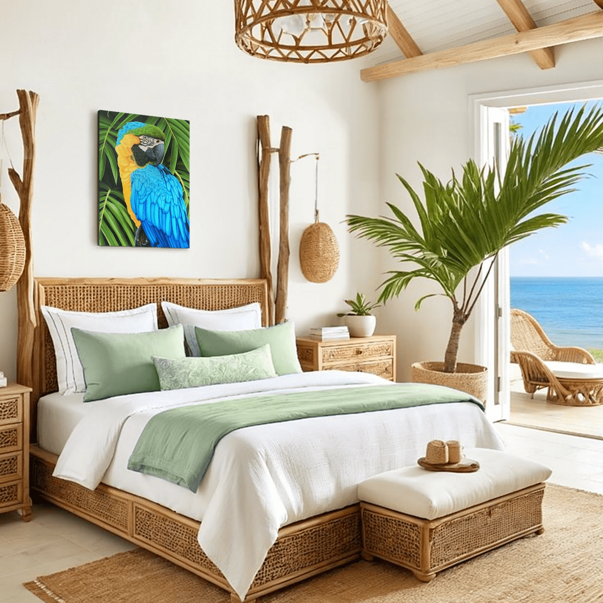 Peinture d'un perroquet ararauna accrochée dans une chambre style tropical exotique