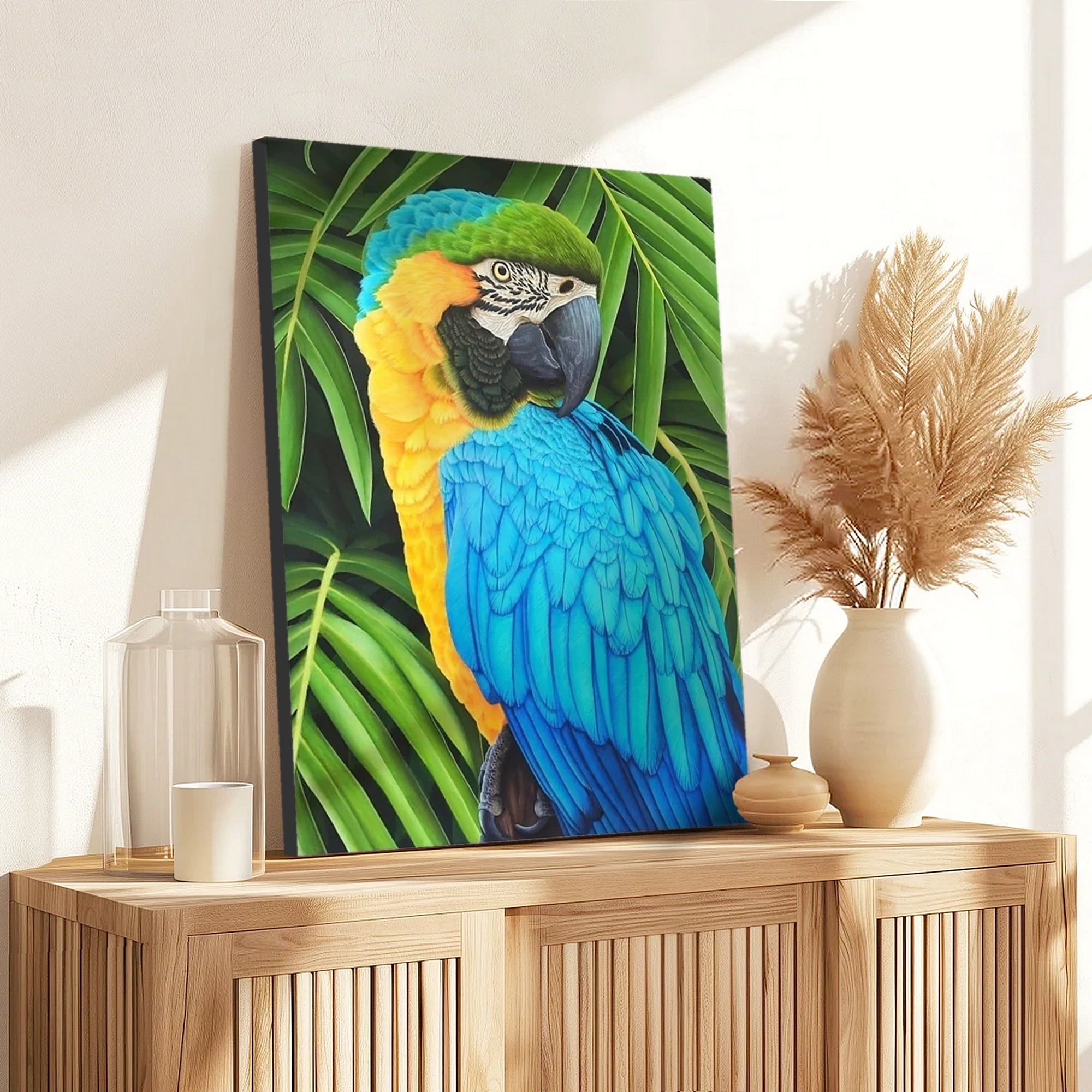 Peinture d'un perroquet ararauna dans la jungle posée sur un meuble pour une décoration tropical exotique
