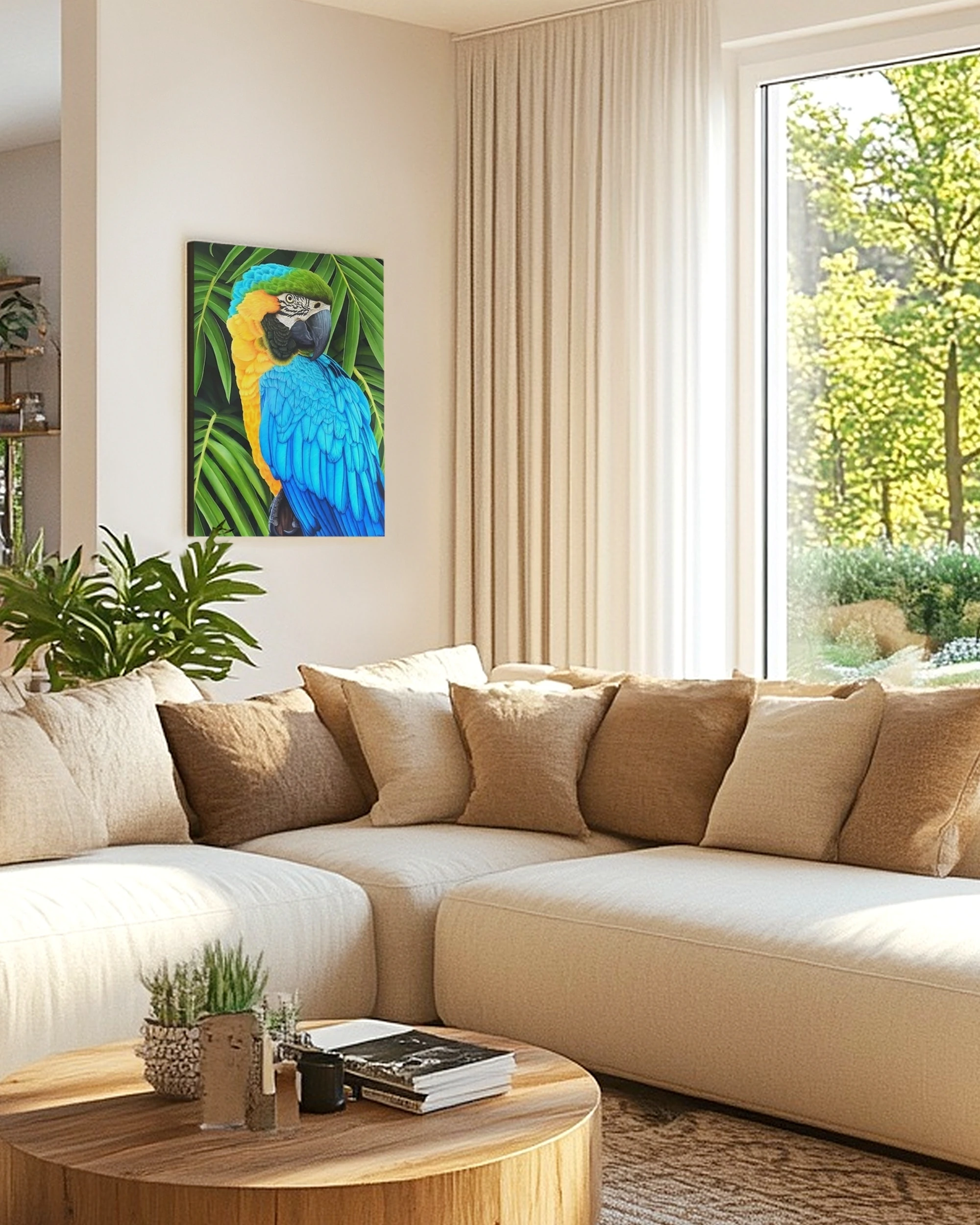 Tableau en peinture d'un perroquet ararauna dans la jungle accroché dans un salon pour une décoration tropical exotique