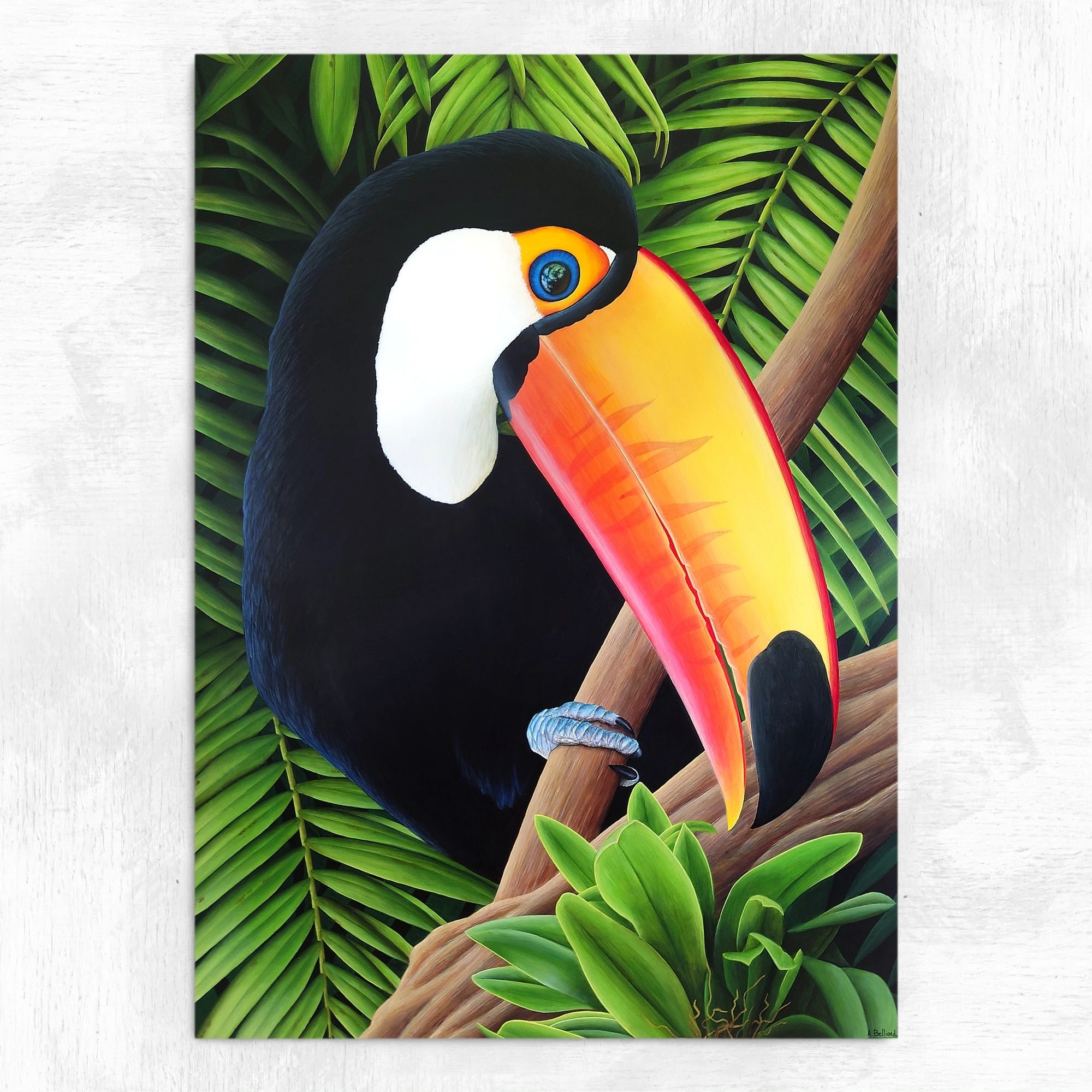 Grand tableau d'un oiseau, toucan toco, dans la jungle réalisé par l'artiste peintre pastelliste Aline Belliard en peinture acrylique sur bois.