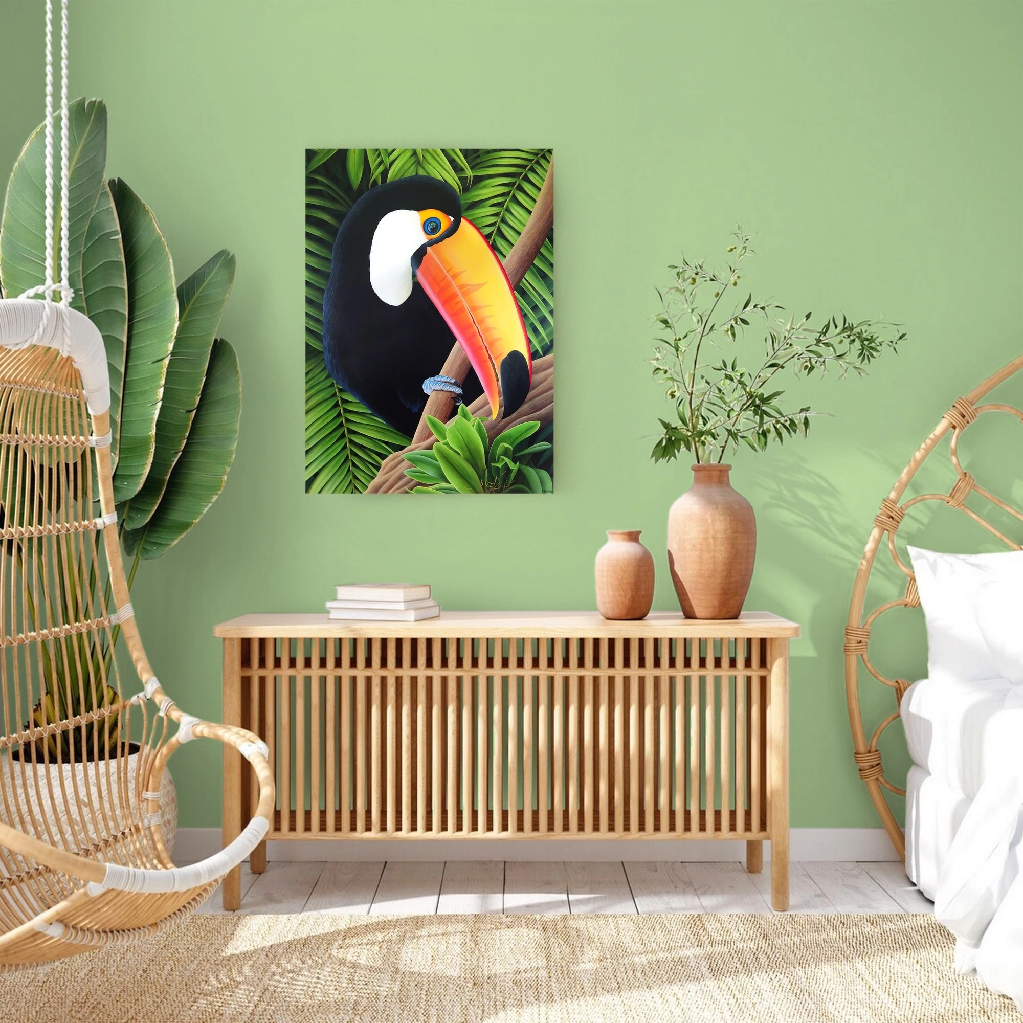 Décoration tropicale et exotique avec un Grand tableau d'un oiseau, toucan toco, dans la jungle.