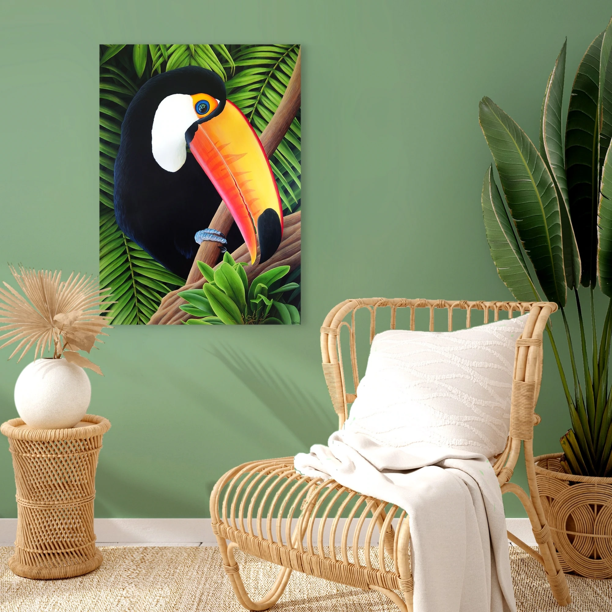 Décoration style tropicale et exotique avec un Grand tableau d'un oiseau, toucan toco, dans la jungle.