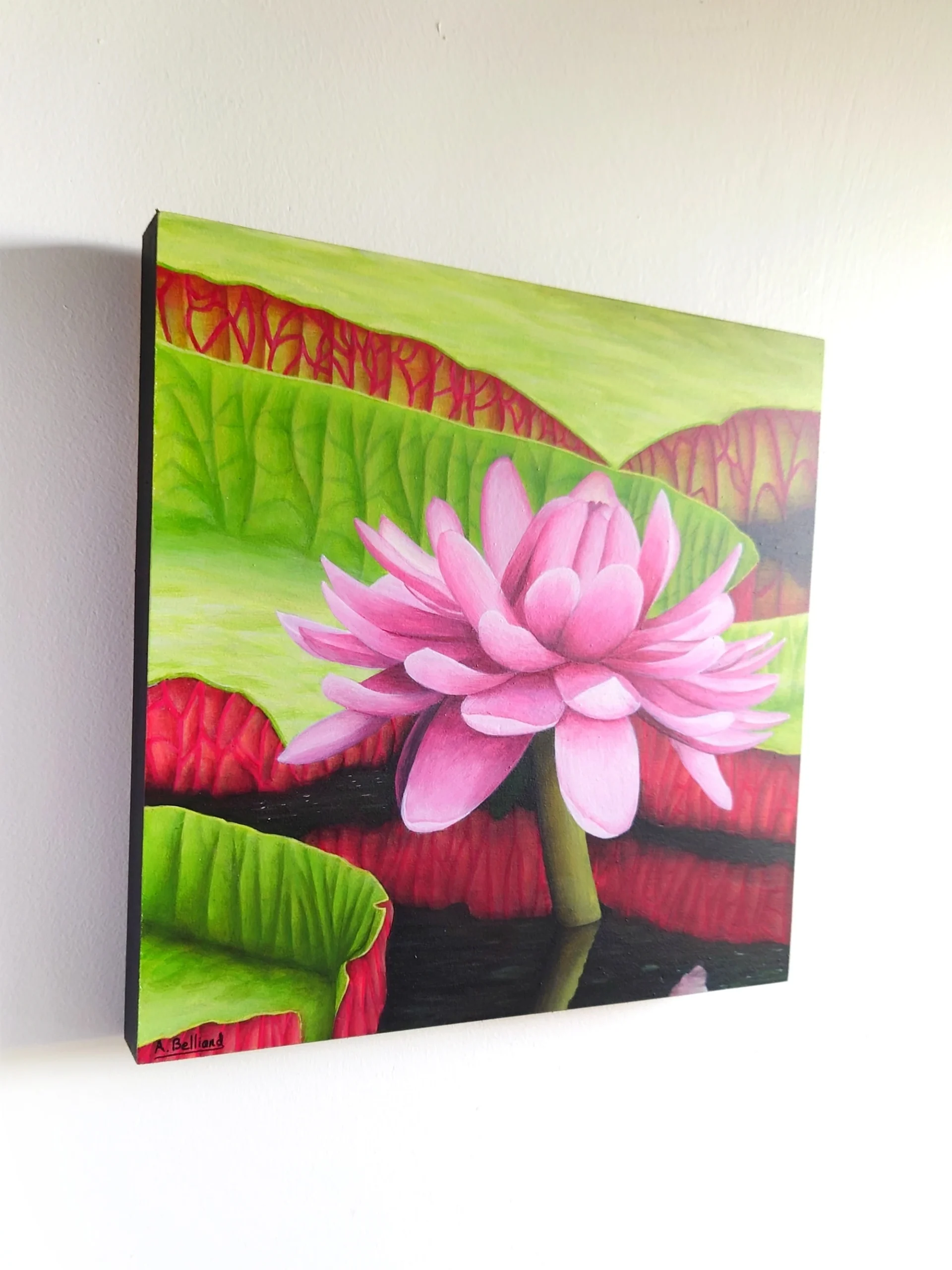 Petit tableau d'art mural tropical et exotique d'une fleur de nénuphar rose et ses grandes feuilles