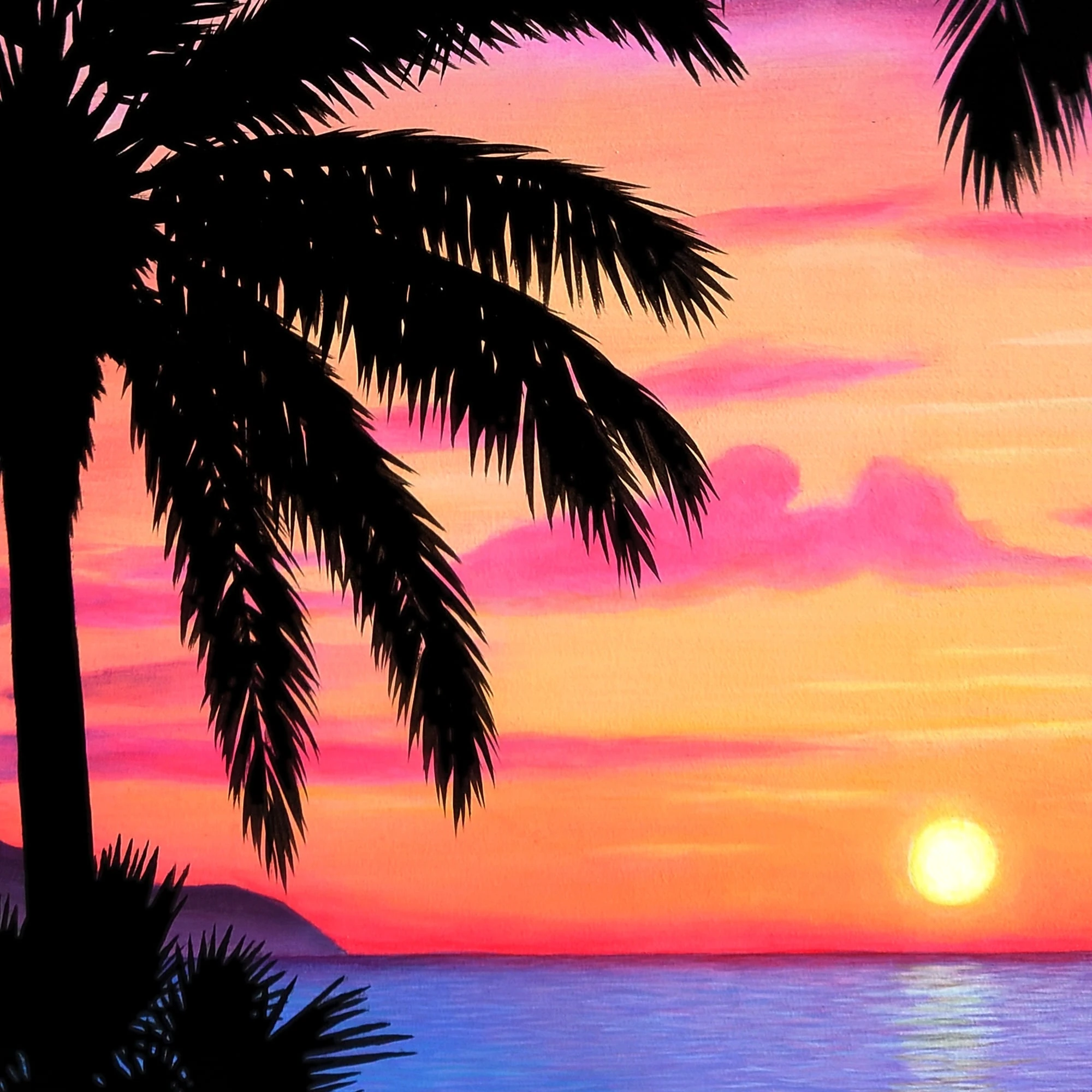 Tableau d'art mural tropical et exotique d'un coucher de soleil sur la mer, avec des palmiers devant