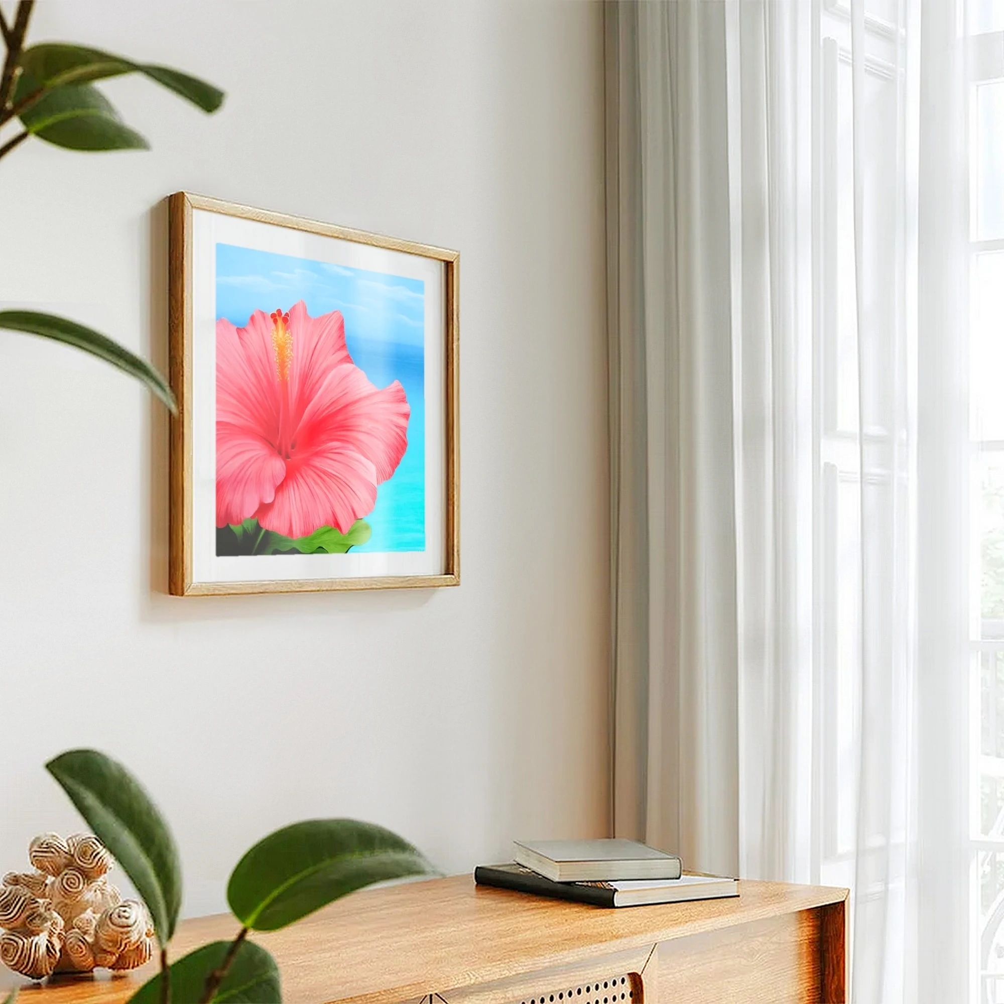 Impression d'art d'une peinture de fleur d'hibiscus rose devant l'océan accroché sur un mur pour une décoration bord de mer tropical exotique