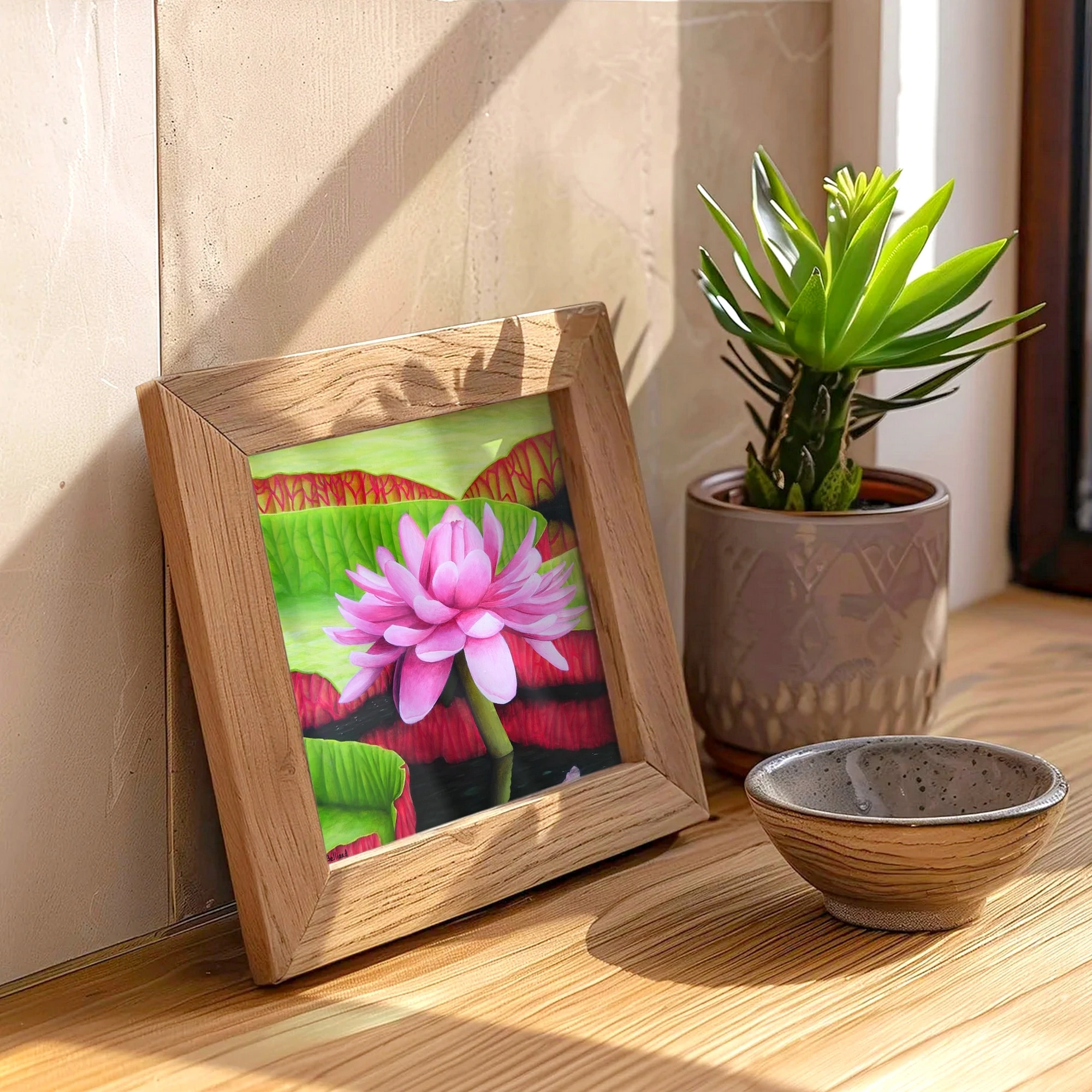 Impression d'art d'une peinture d'une fleur rose de nénuphar posée sur un meuble pour un style tropical exotique