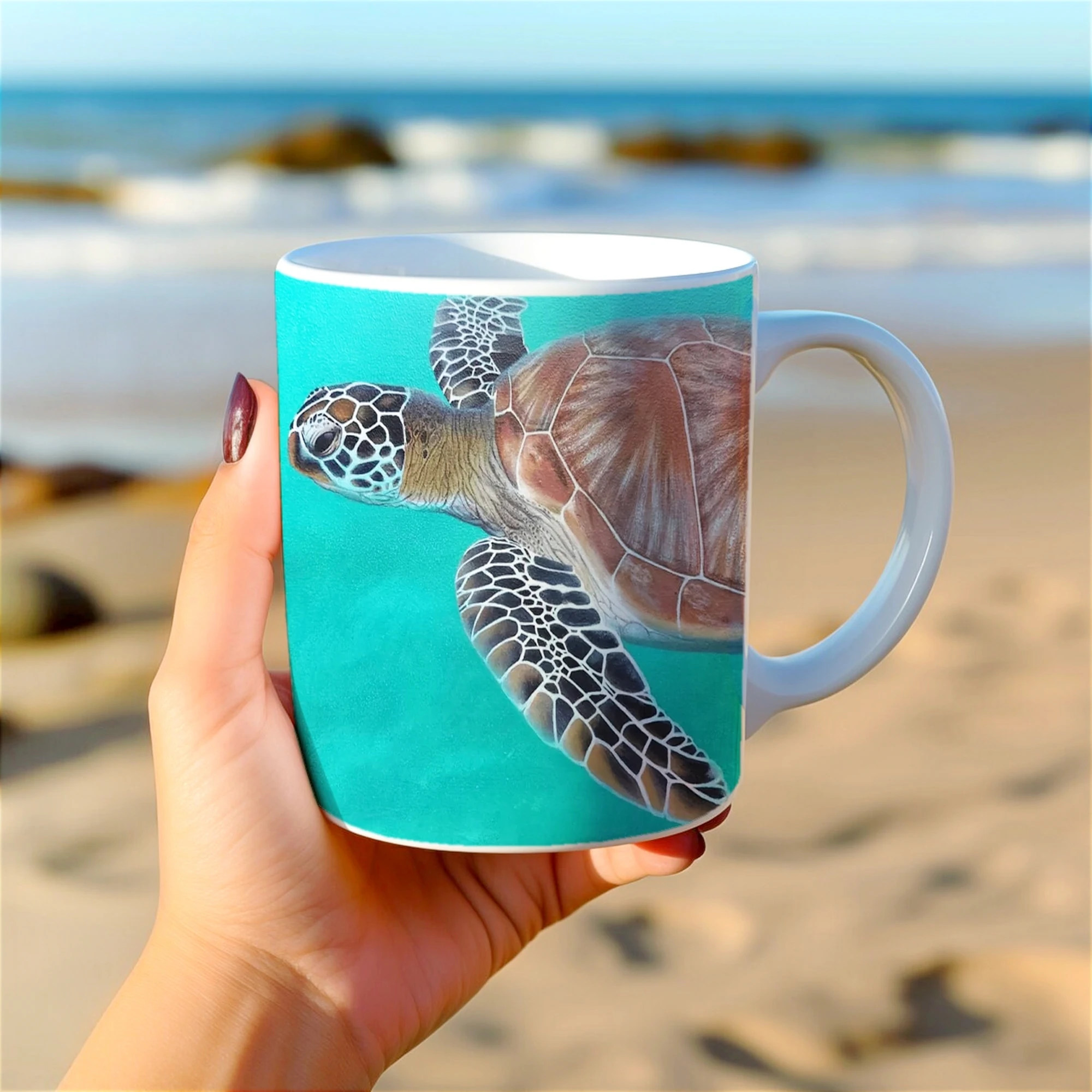 Mug artistique avec une tortue de mer Chelonia, vue depuis une main, illustration vibrante et détaillée.