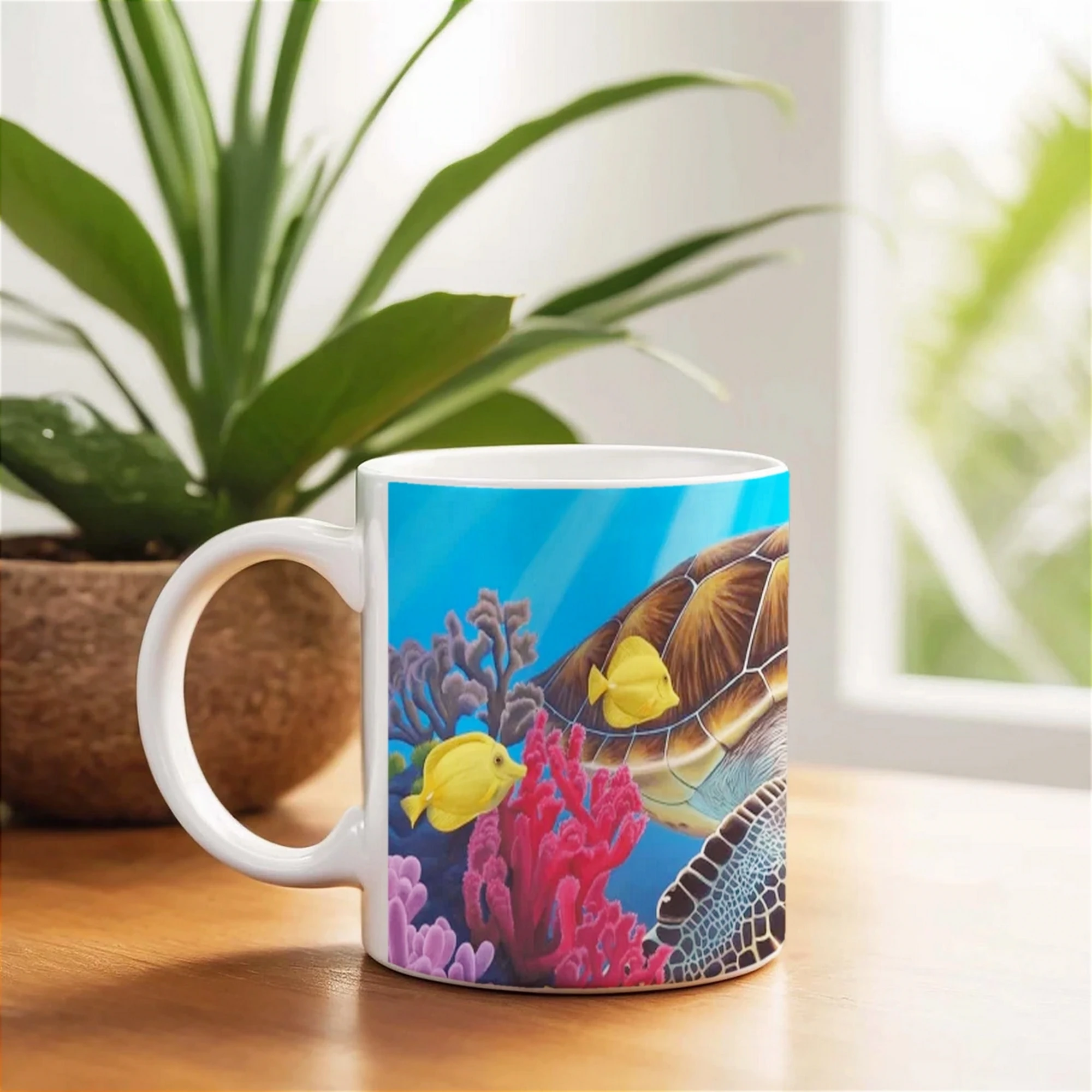 Mug artistique avec une tortue de mer et des poissons colorés posé sur une table, ajoutant une touche marine et tropicale à votre espace.