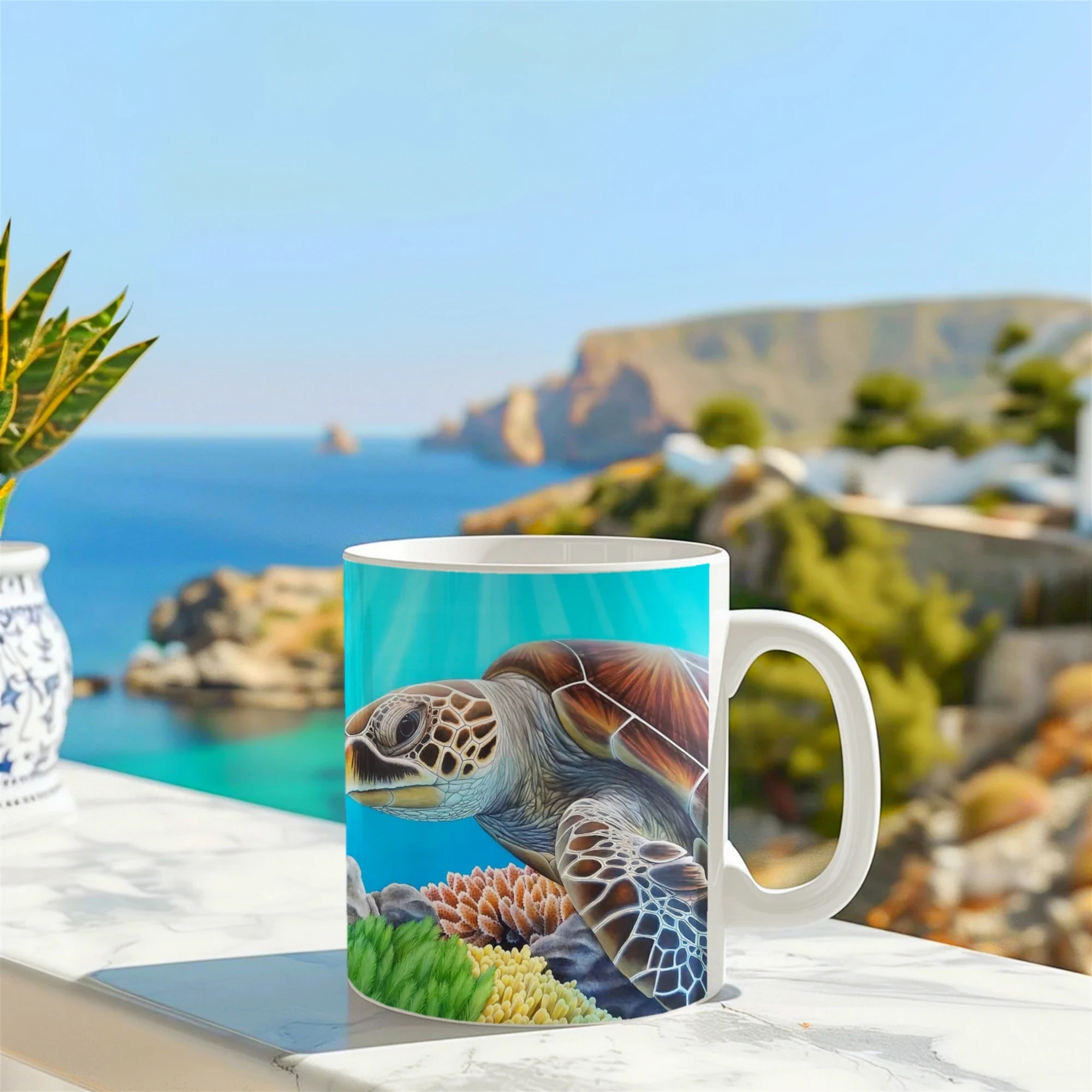 Mug artistique avec une tortue de mer nageant parmi les coraux, posé sur un muret face à l’océan, un instant d’évasion tropicale.