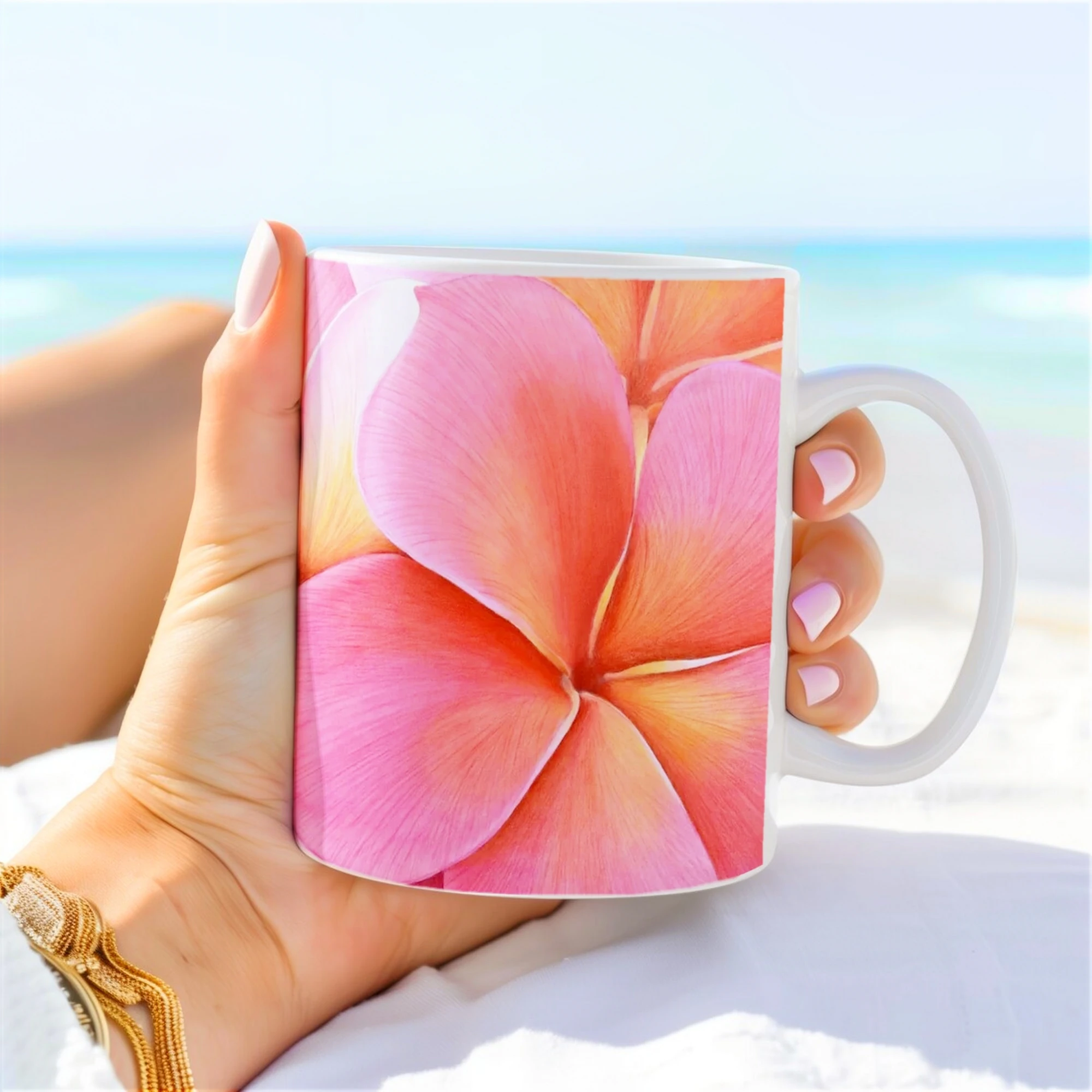 Mug avec des fleurs de plumeria roses, dans une main devant la mer, un design floral frais et raffiné pour votre pause café.