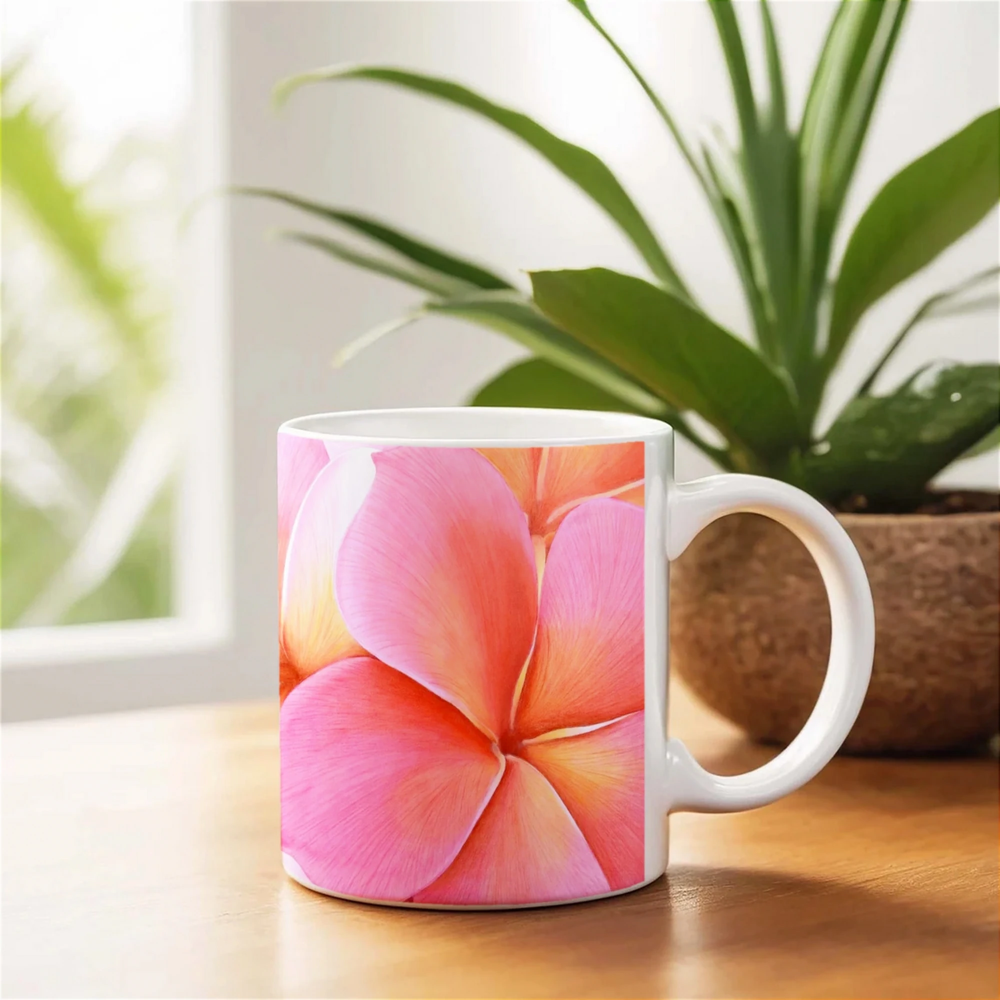 Mug avec des fleurs de plumeria roses posé sur une table, design floral délicat pour une décoration tropicale apaisante.