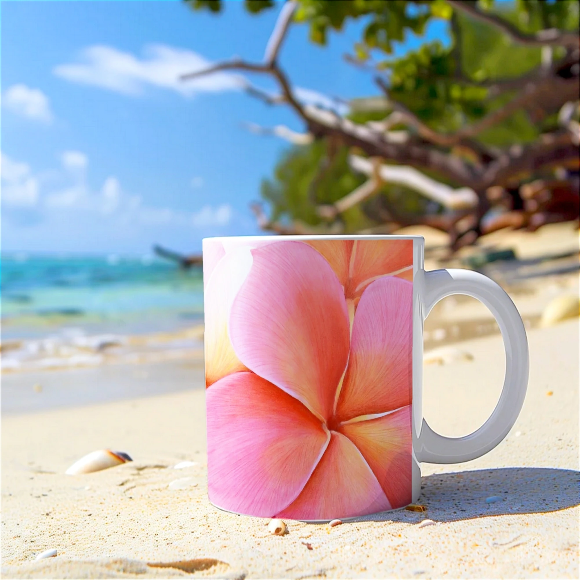 Mug avec fleurs de plumeria roses posé sur le sable, un design floral vibrant inspiré des plages exotiques.