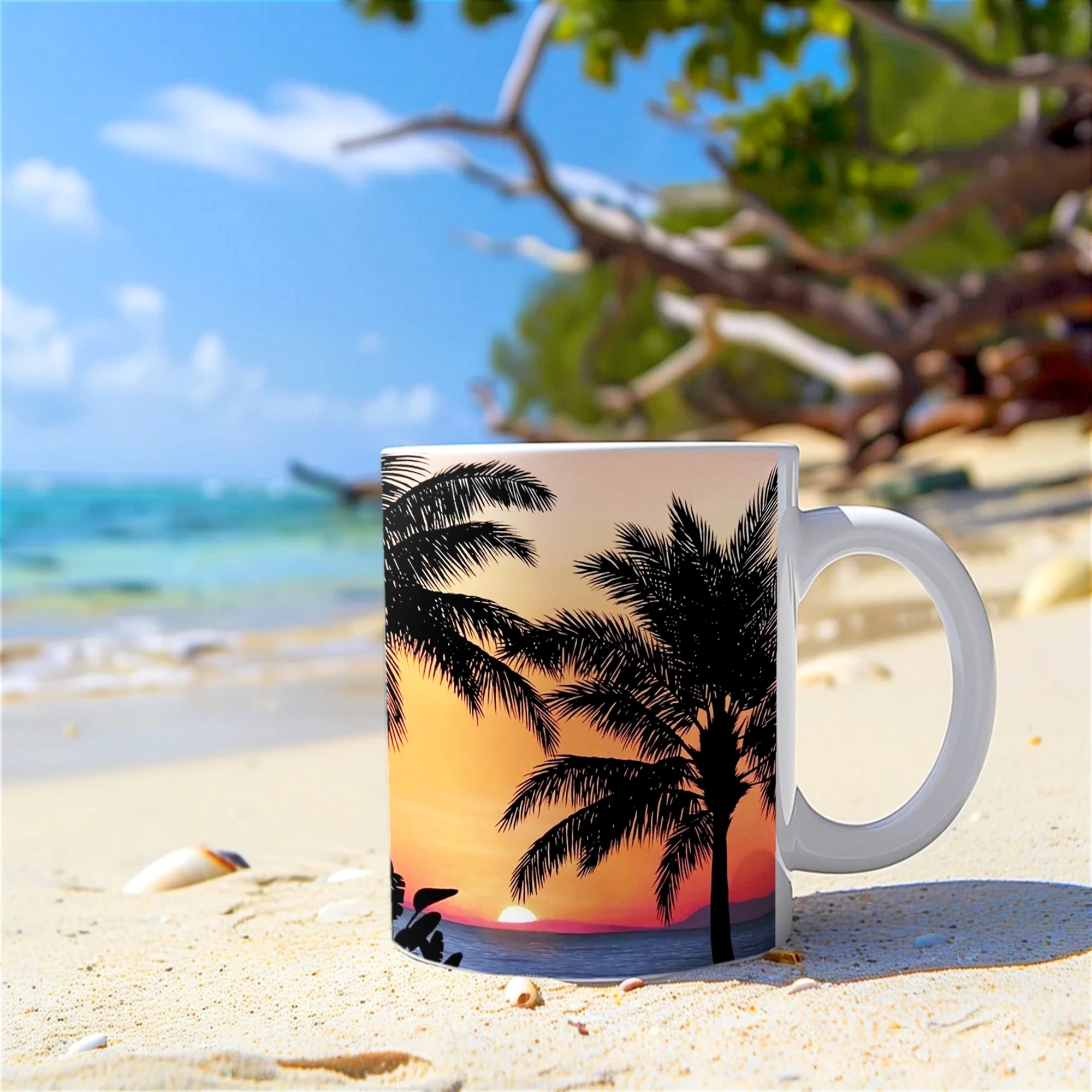 Mug avec un design de coucher de soleil flamboyant et silhouettes de palmiers, posé sur le sable, un style parfait pour les amoureux de l’été.