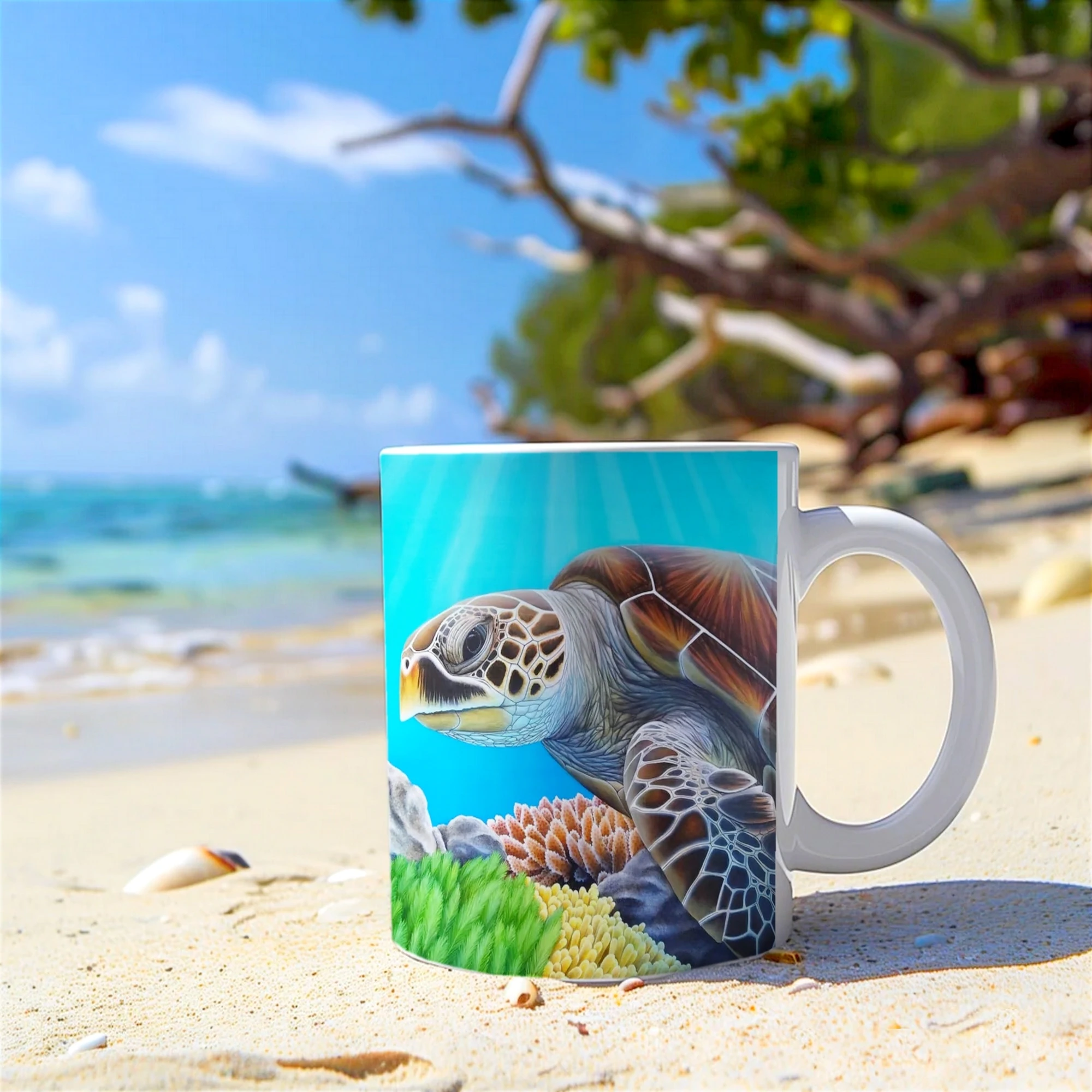 Mug avec une illustration de tortue de mer tropicale, posé sur la plage avec la mer en fond, idéal pour une ambiance bord de mer.