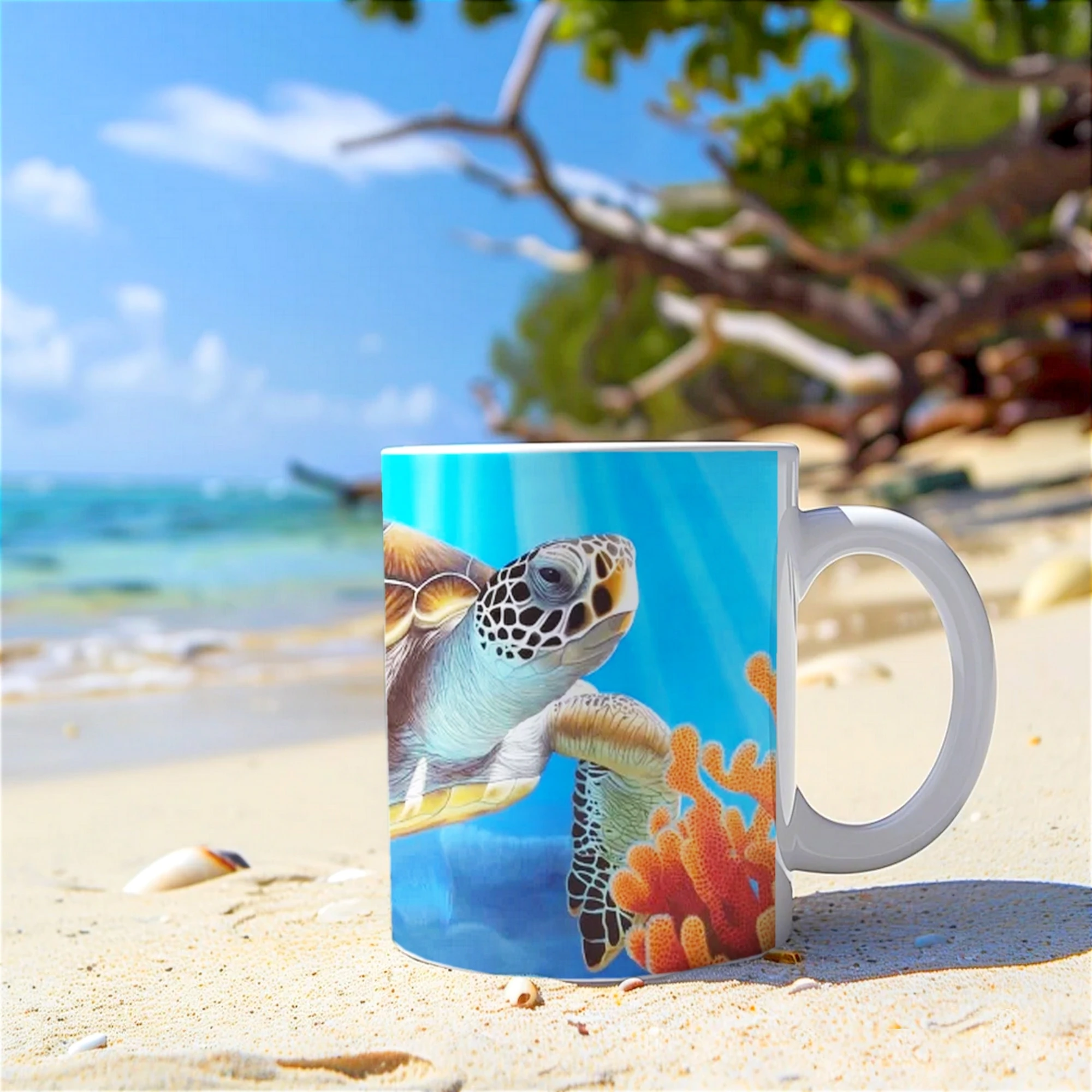 Mug avec une tortue de mer et des poissons dans des récifs colorés, posé sur le sable de la plage, parfait pour les passionnés de nature marine.