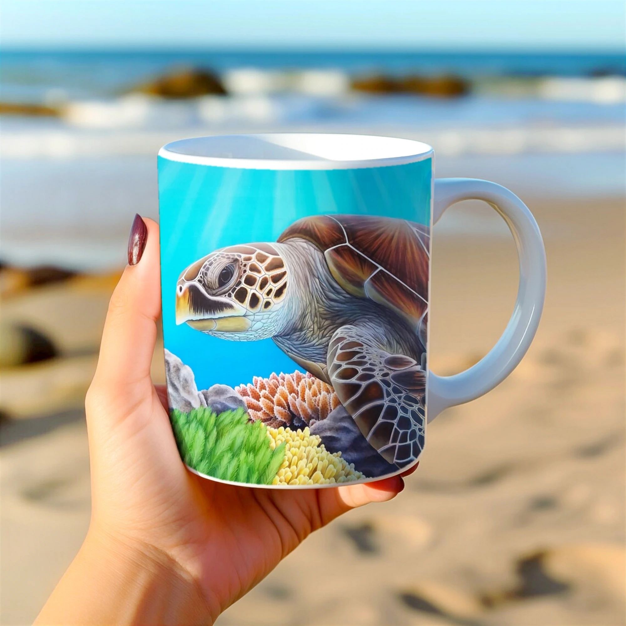Mug avec une tortue de mer et des récifs coralliens, dans une main, un design vibrant qui évoque la beauté des fonds marins.