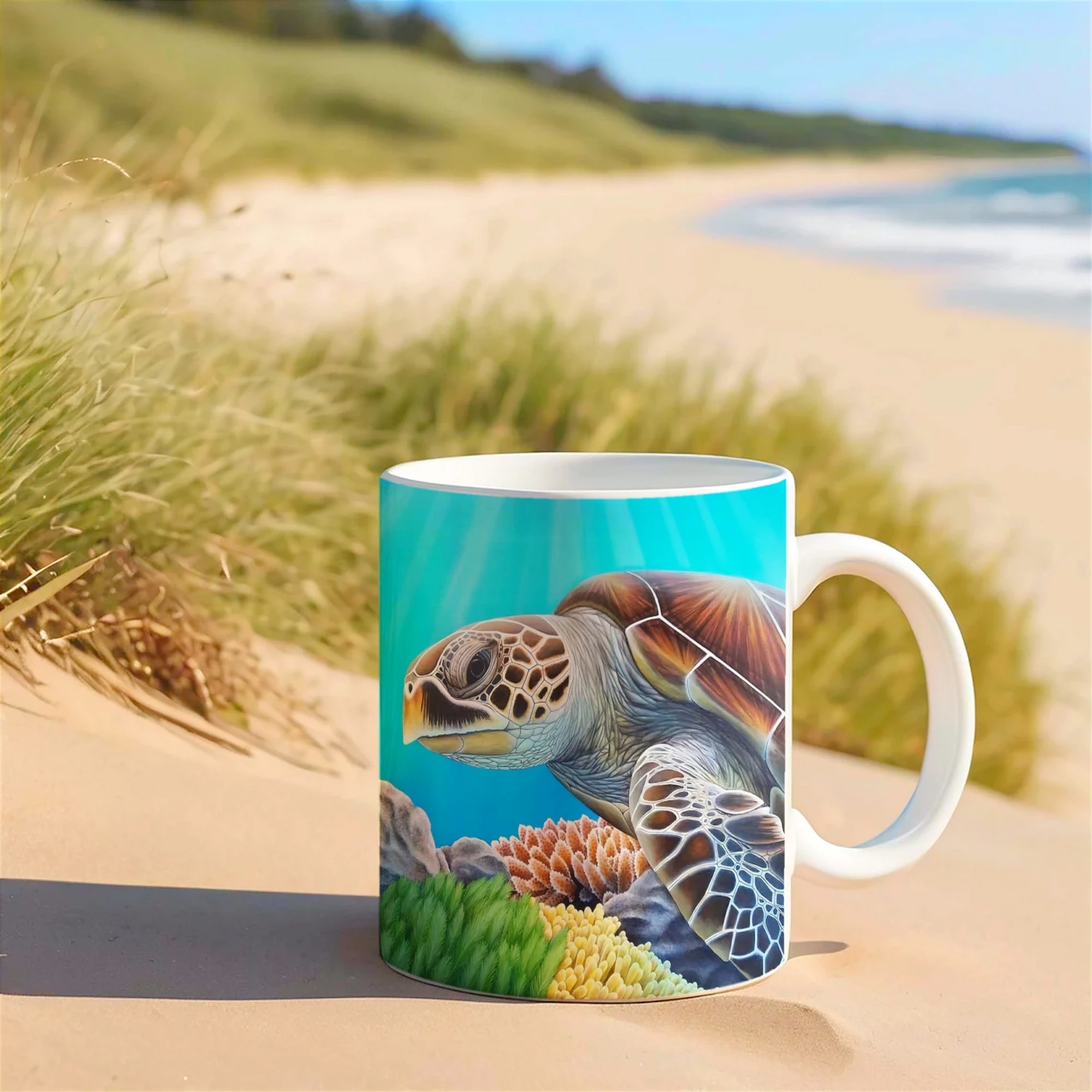 Mug décoré d’une tortue de mer et de récifs coralliens, posé sur le sable, une touche océanique parfaite pour les passionnés de la mer.