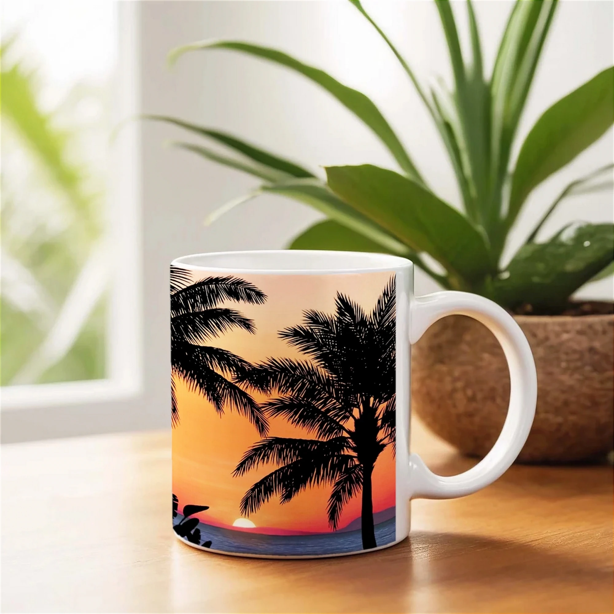 Mug en céramique avec illustration d’un coucher de soleil et palmiers, posé sur une table, ajoutant une touche estivale à votre déco.