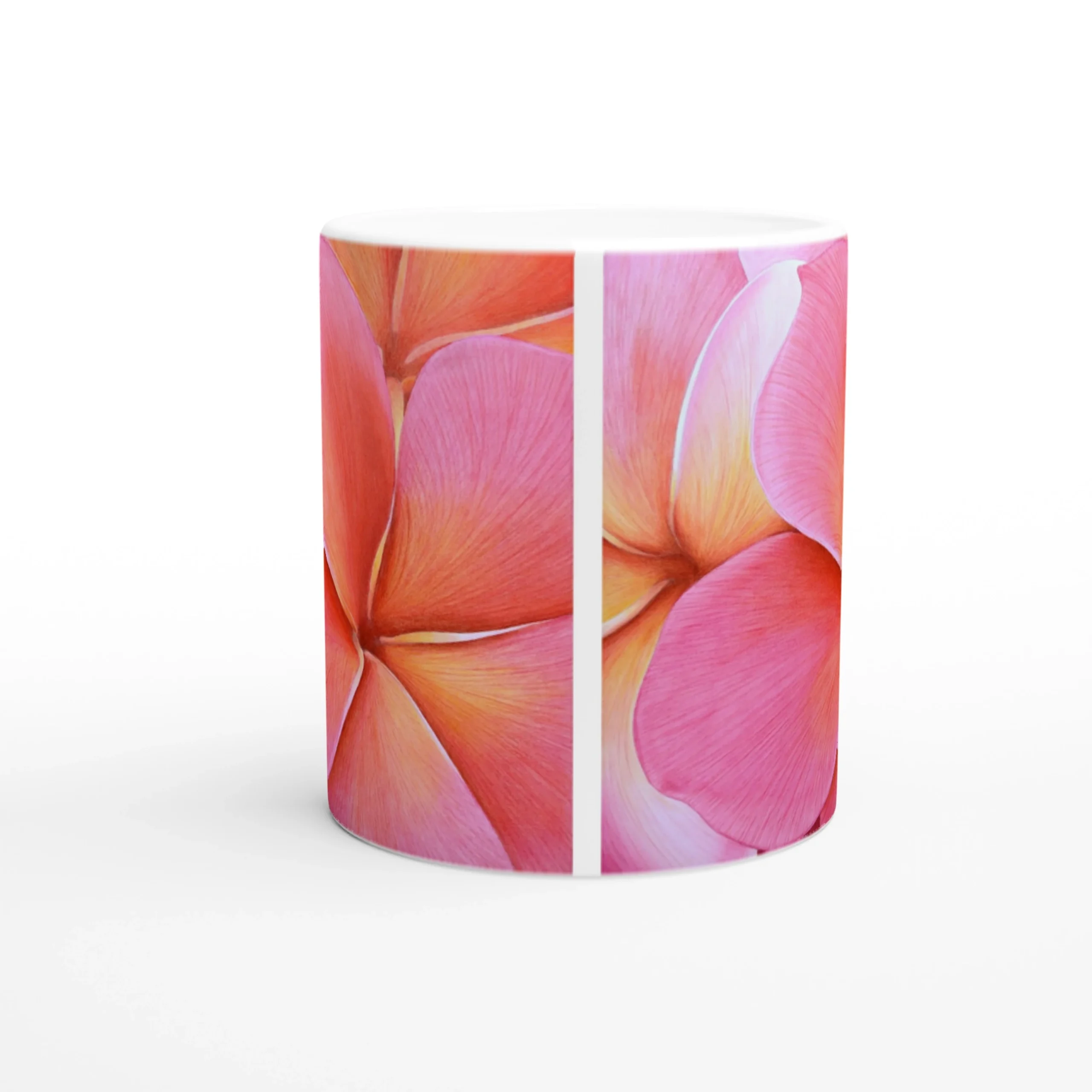 Mug en céramique avec un design de fleurs de plumeria roses sur fond blanc, pour un style floral raffiné et moderne.