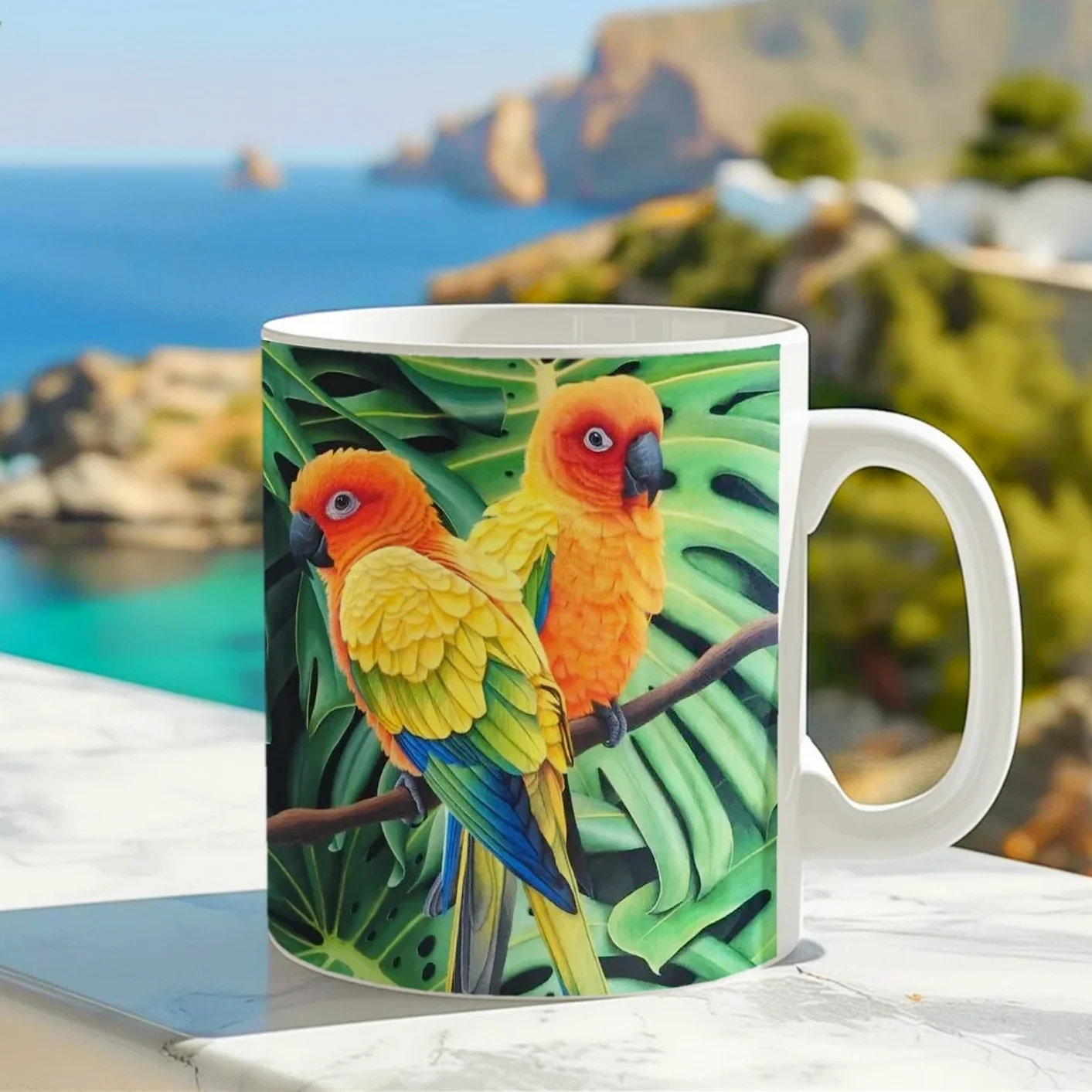 Mug imprimé d’oiseaux conures soleil, posé sur un muret face à l’océan, un design vibrant inspiré de la faune tropicale.