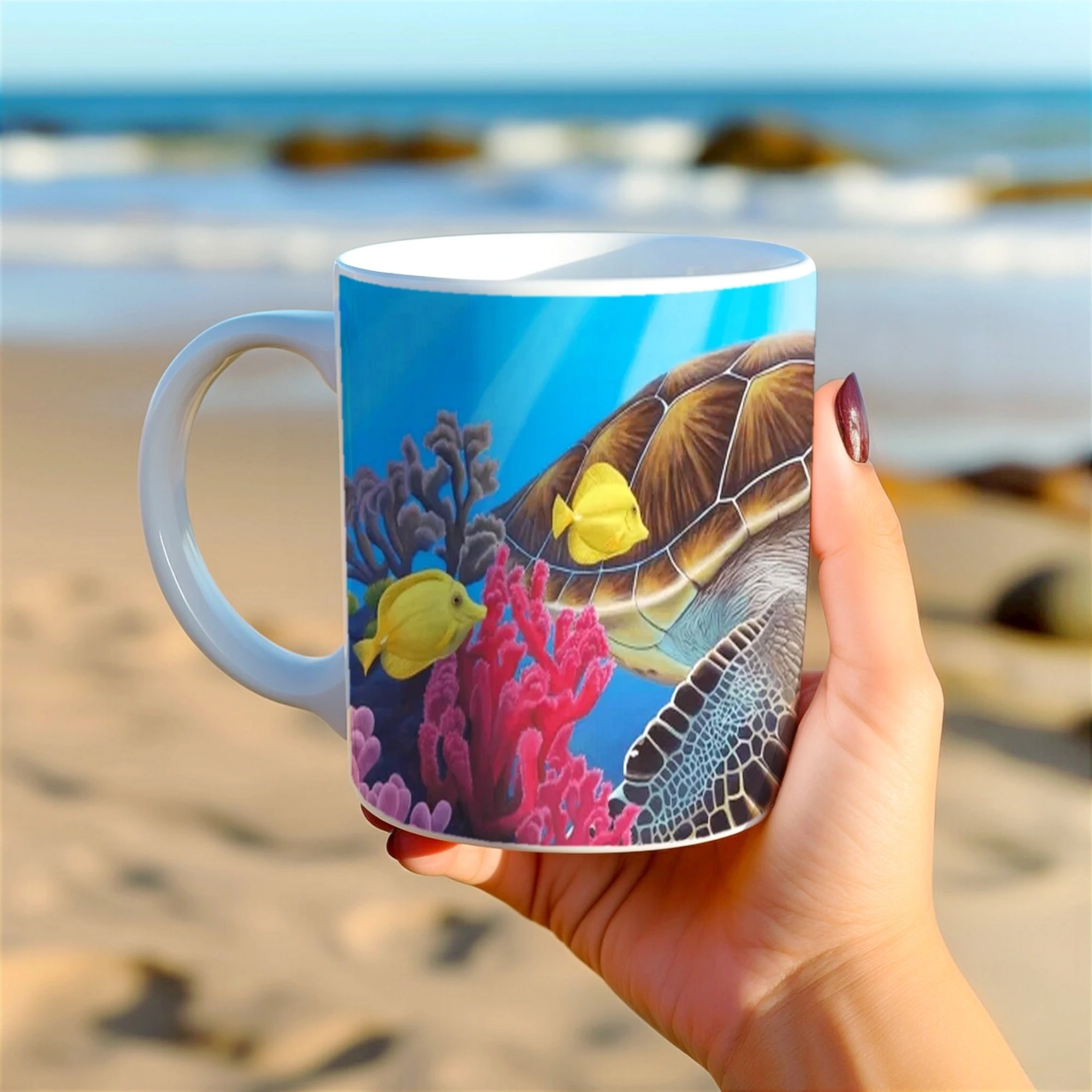 Mug imprimé d’une tortue de mer et de poissons exotiques dans des récifs, tenu dans une main, design vibrant inspiré des océans.