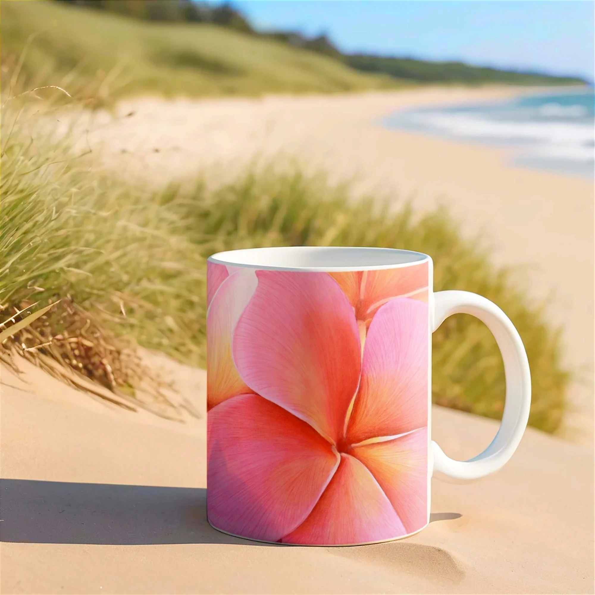 Mug orné de fleurs de plumeria roses posé sur la plage, avec l'océan en toile de fond, parfait pour un cadeau tropical.