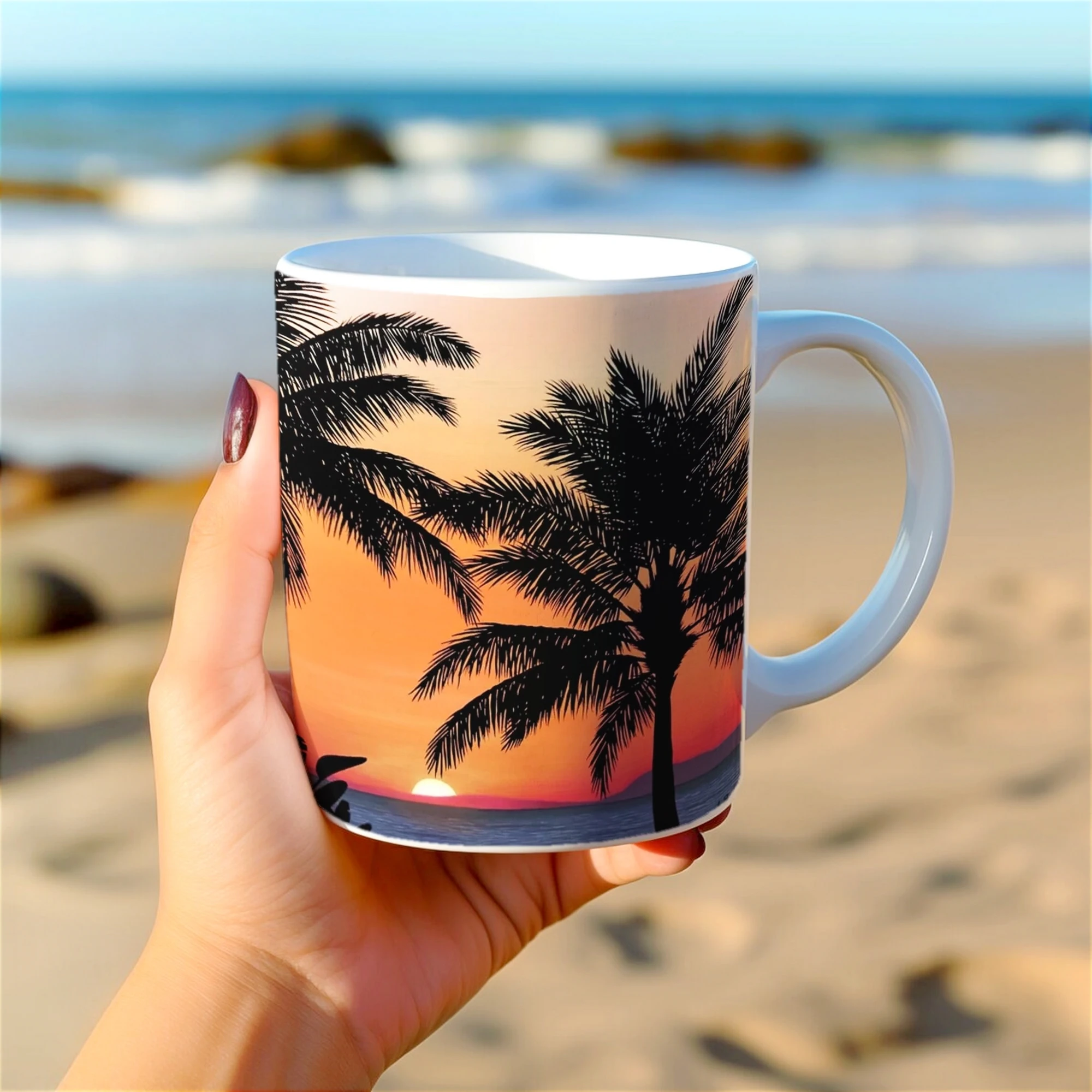 Mug tropical imprimé d’un coucher de soleil orangé et de palmiers, dans une main, parfait pour une pause café aux airs de vacances.