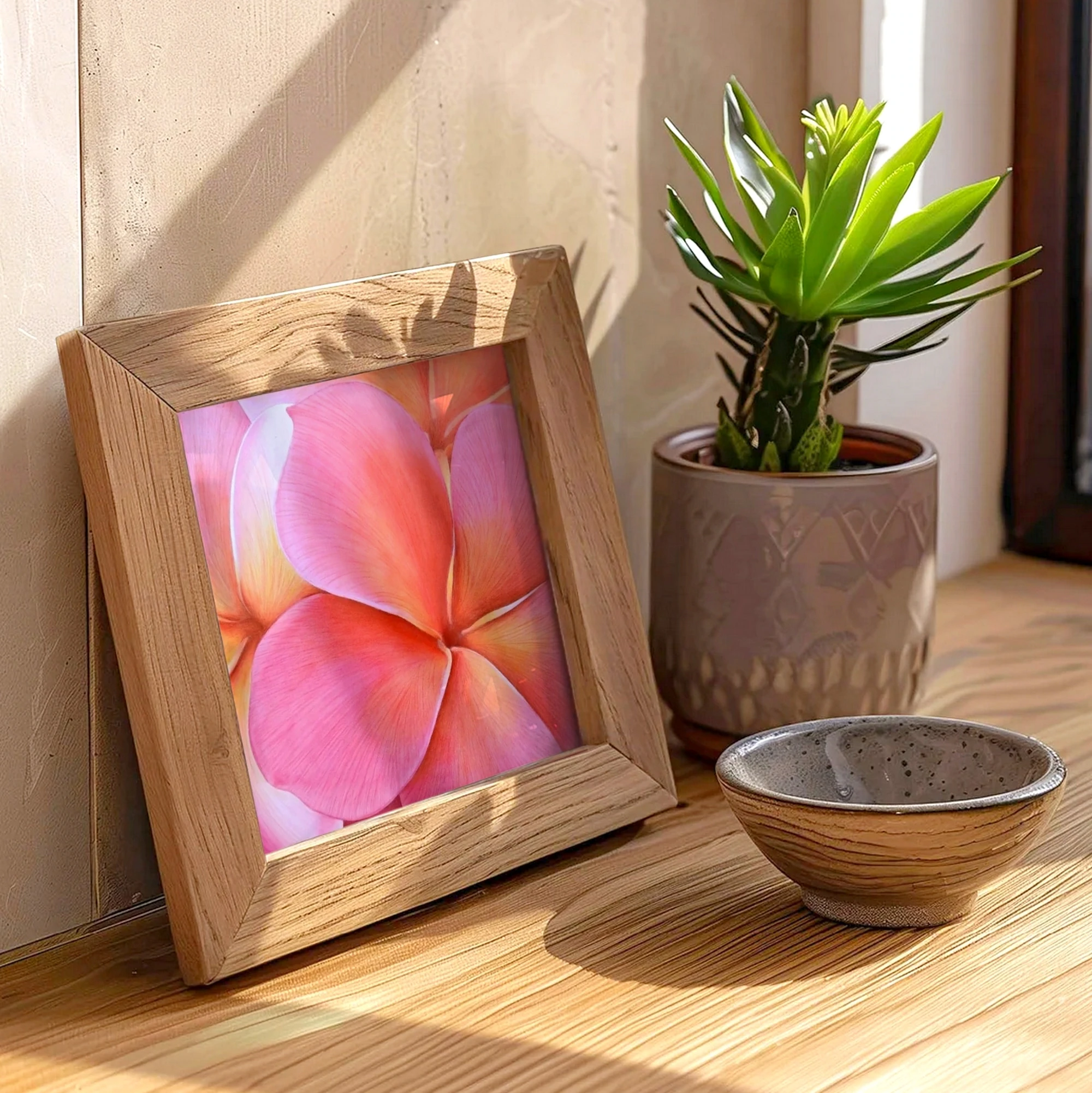 Poster d'art d'une peinture de fleurs roses de plumeria frangipanier posée sur un meuble pour une décoration tropical exotique