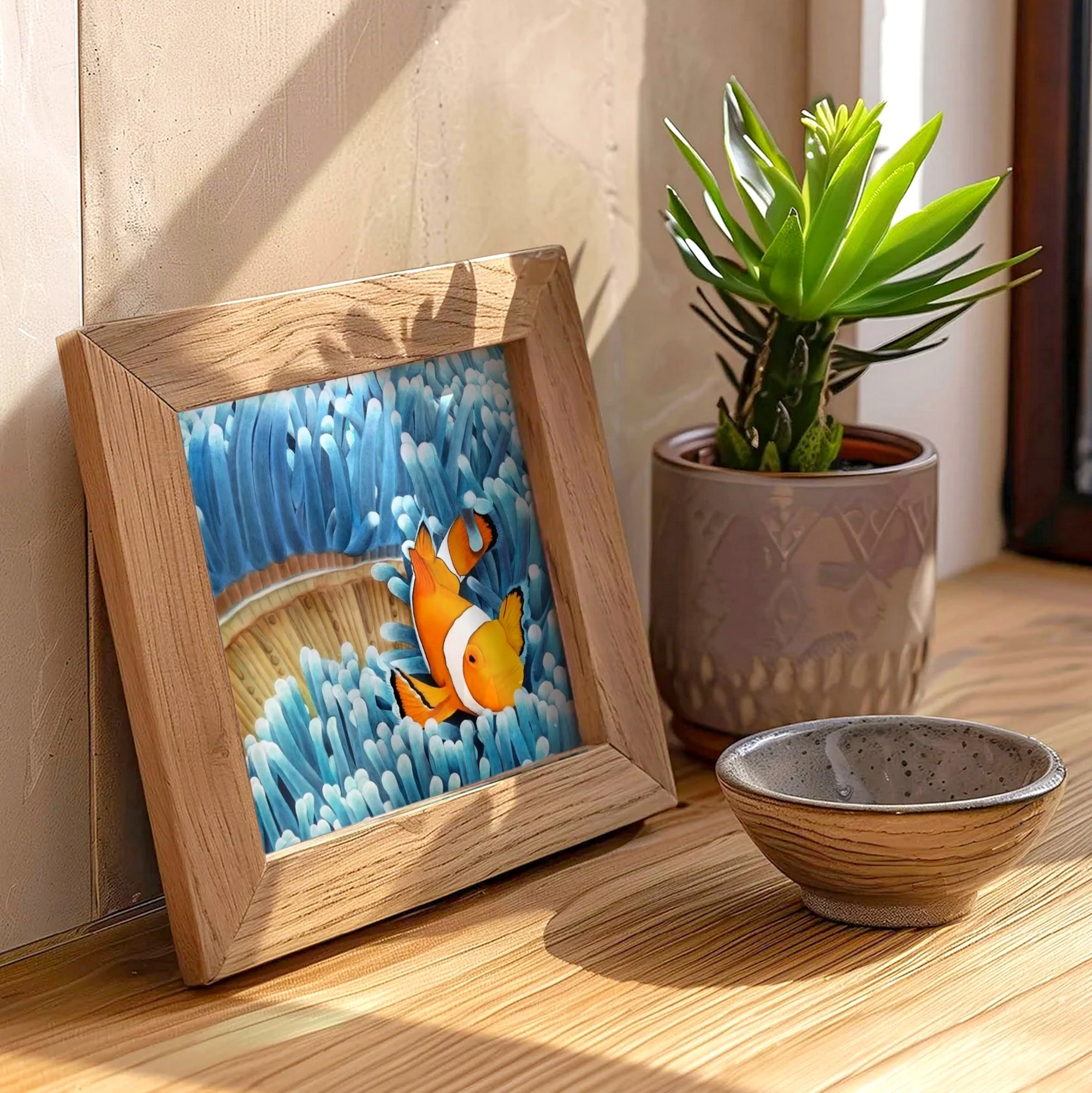 Poster d'art d'une peinture de poisson clown dans les anémones bleues posée sur un meuble pour une décoration bord de mer tropical exotique