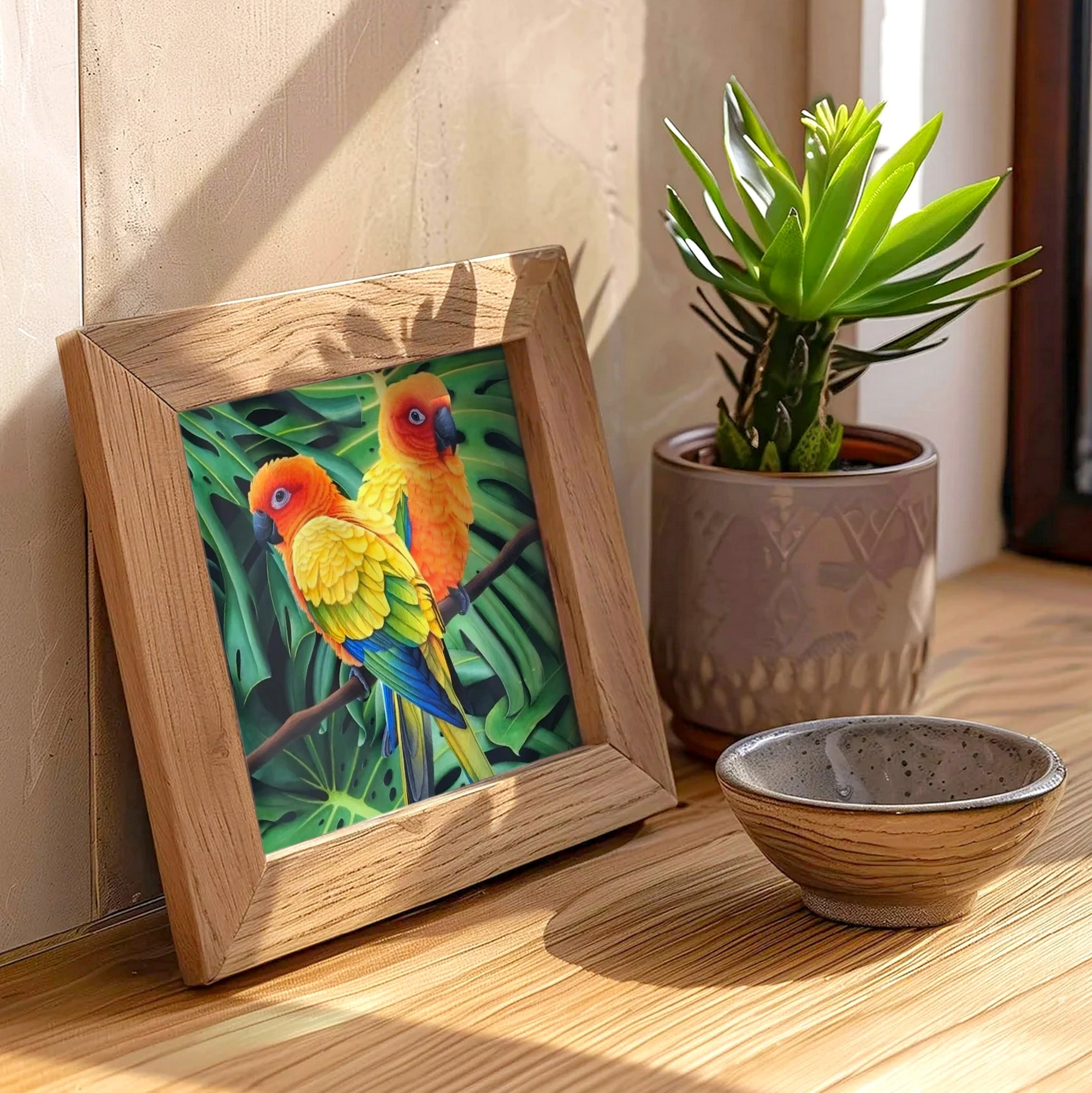 Poster d'art d'une peinture d'oiseaux conures soleil posée sur un meuble pour une décoration tropical exotique