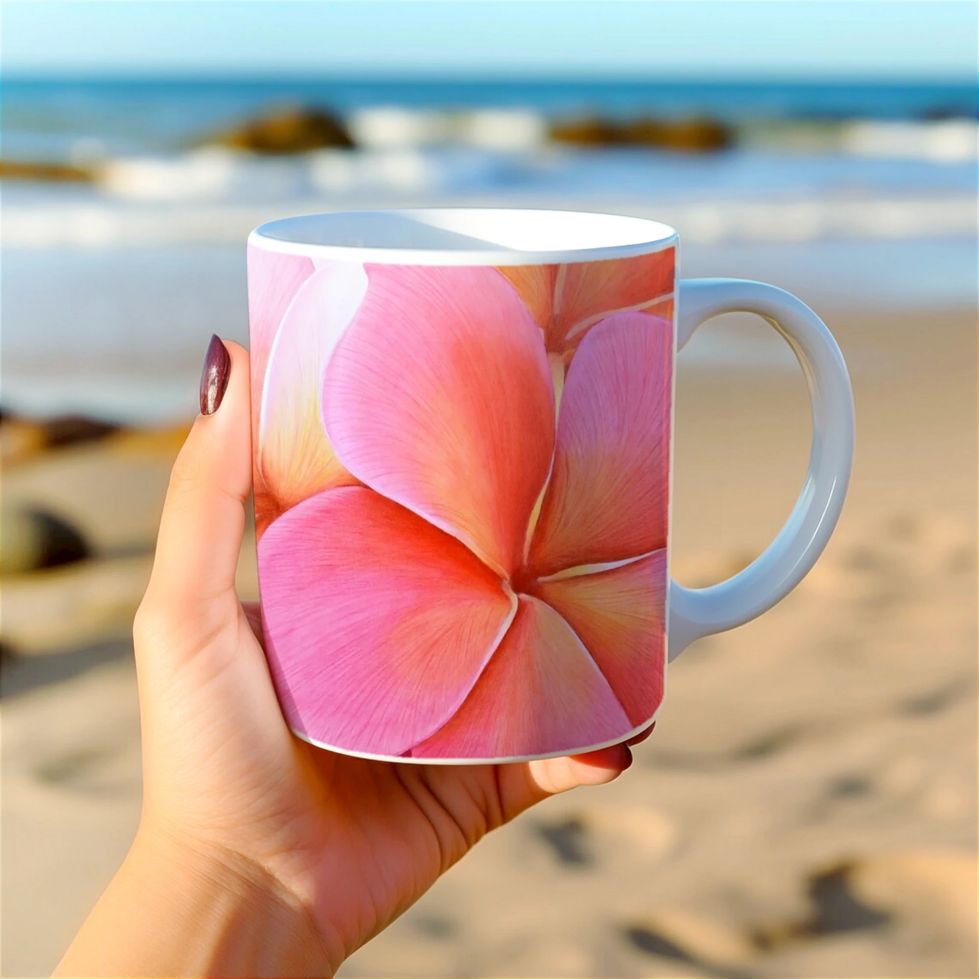 Tasse avec fleurs roses de plumeria, tenu dans une main, apportant une touche exotique et élégante à votre quotidien.
