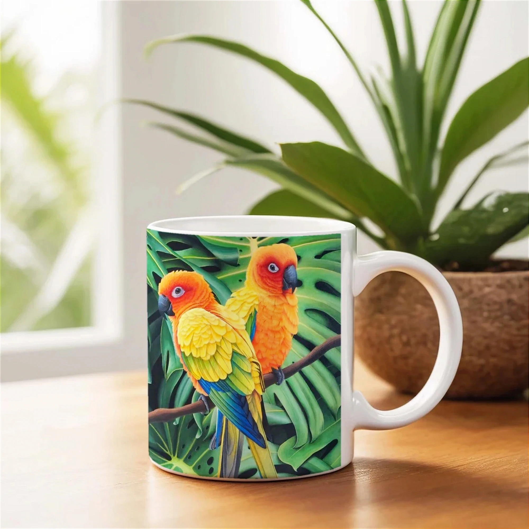 Tasse en céramique avec deux conures soleil au cœur de la jungle, posée sur une table, ajoutant une touche exotique à votre quotidien.