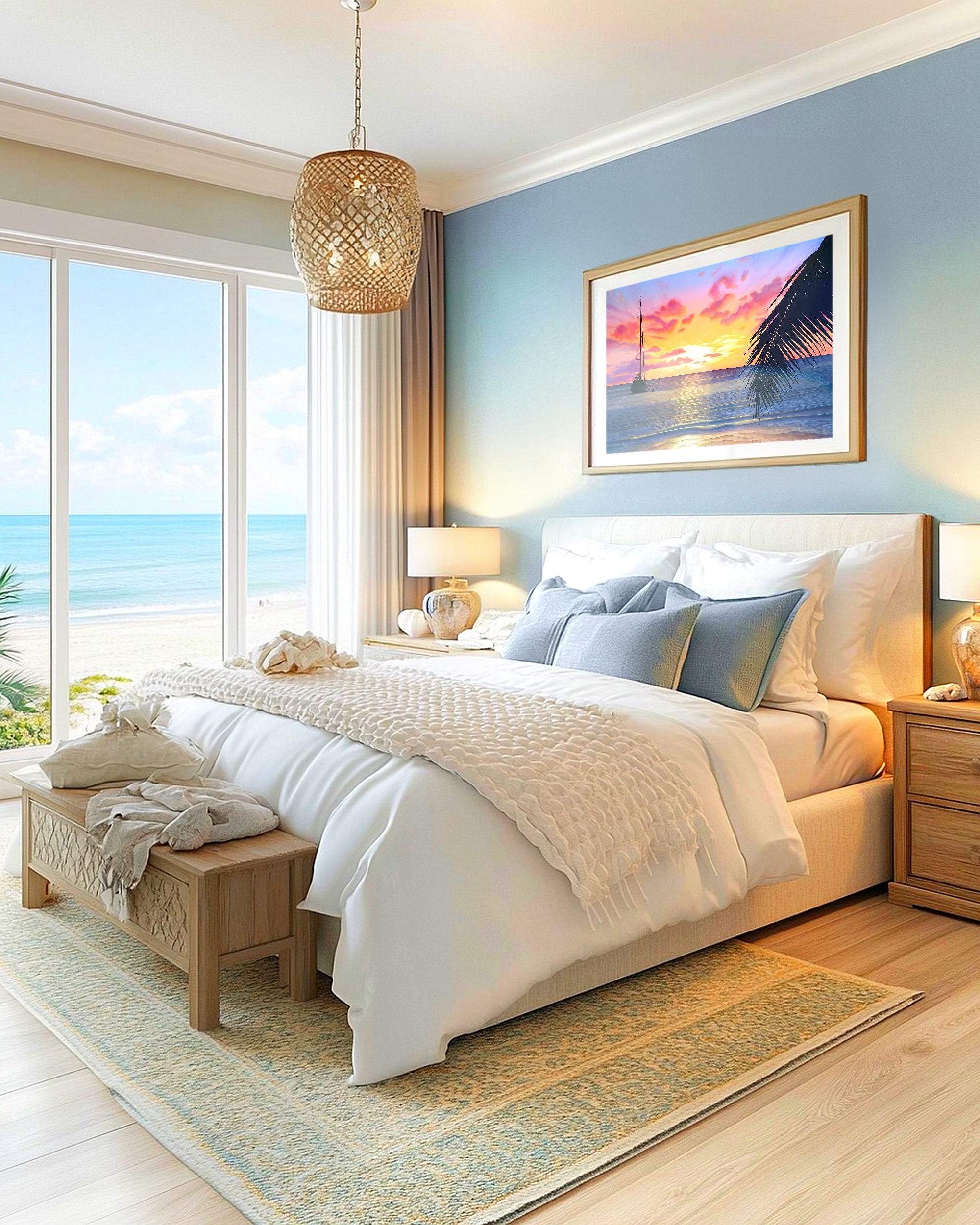 Affiche d'art d'une peinture d'un coucher de soleil sur la mer à tahiti avec un bateau accrochée dans une chambre pour une décoration bord de mer exotique