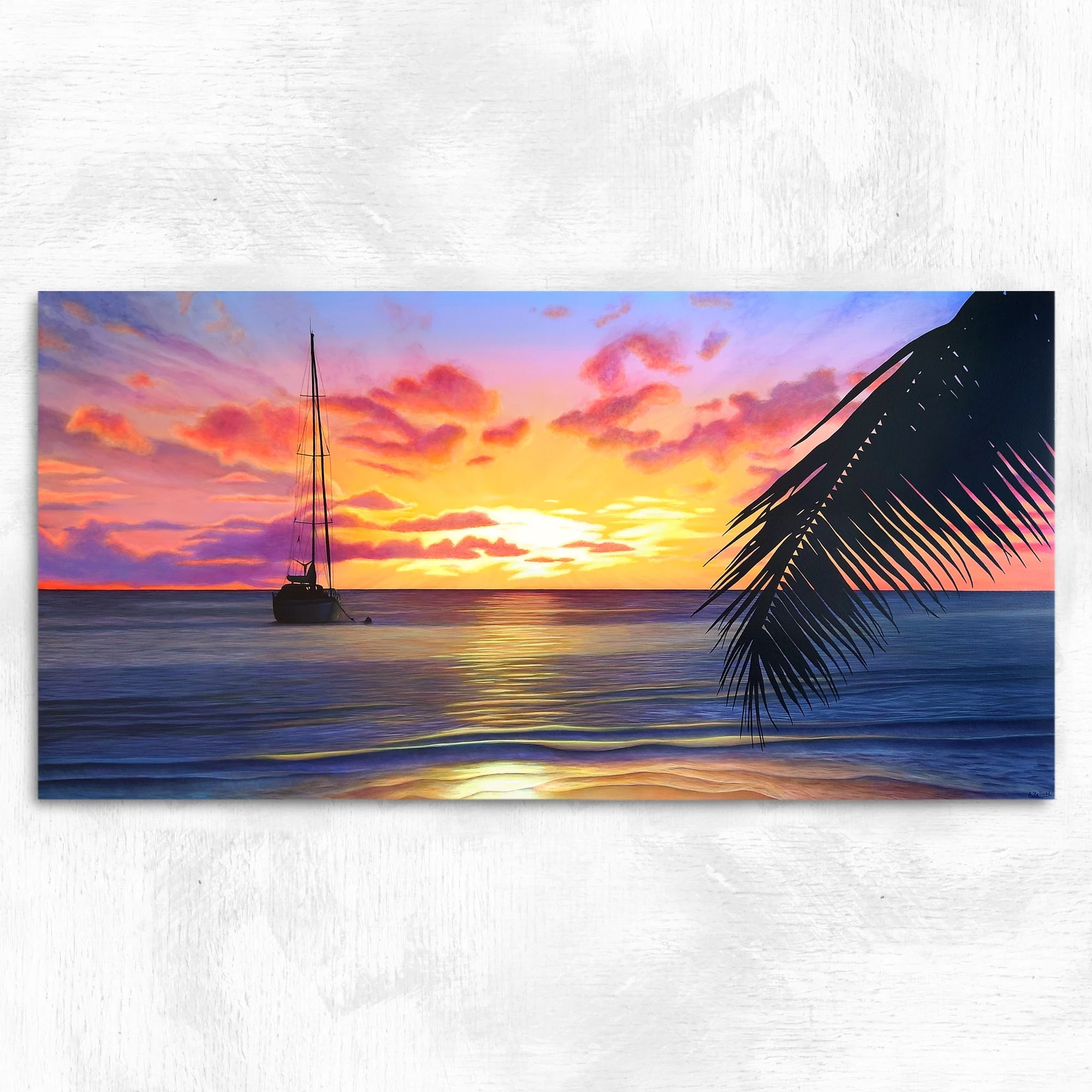 Grand tableau d'un coucher de soleil sur la mer de tahiti réalisé par l'artiste peintre pastelliste Aline Belliard en peinture acrylique sur bois.
