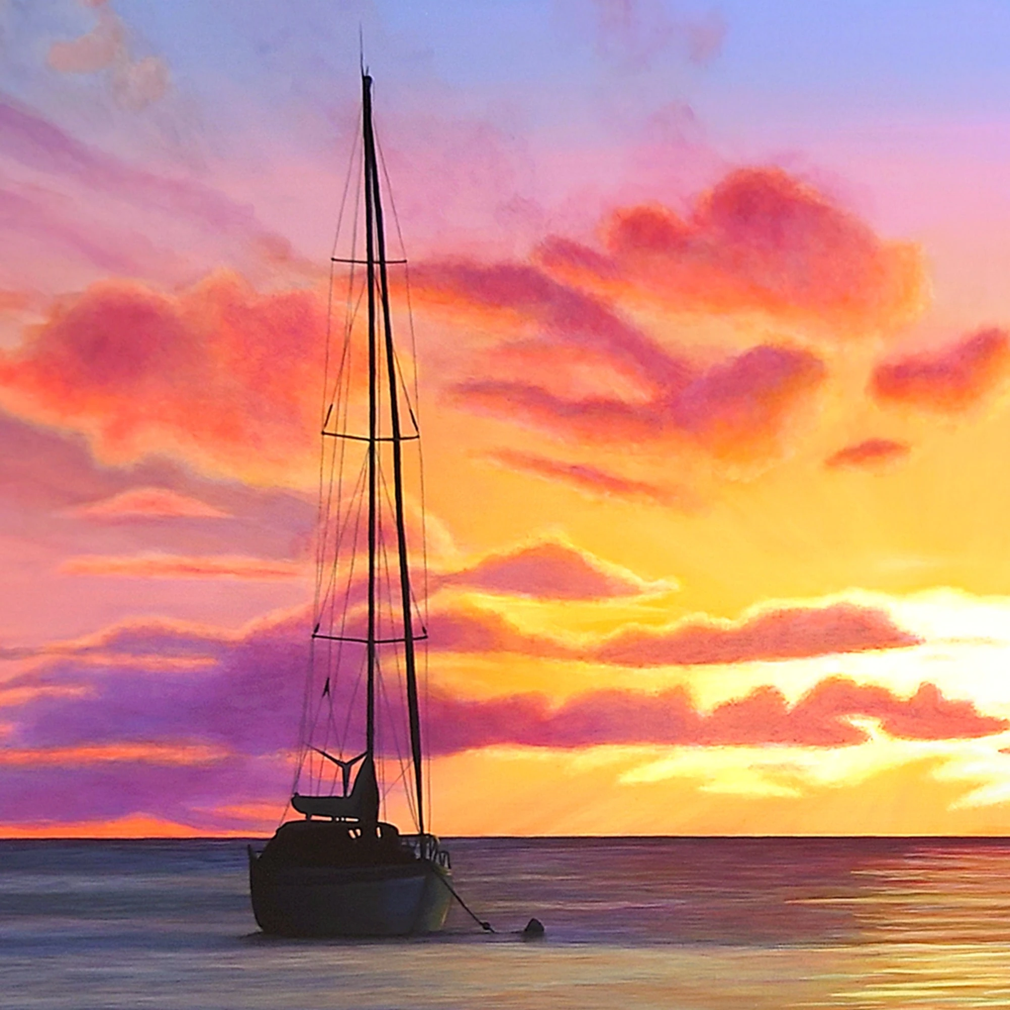 Peinture acrylique d'un coucher de soleil sur la mer de tahiti peint par Aline Belliard