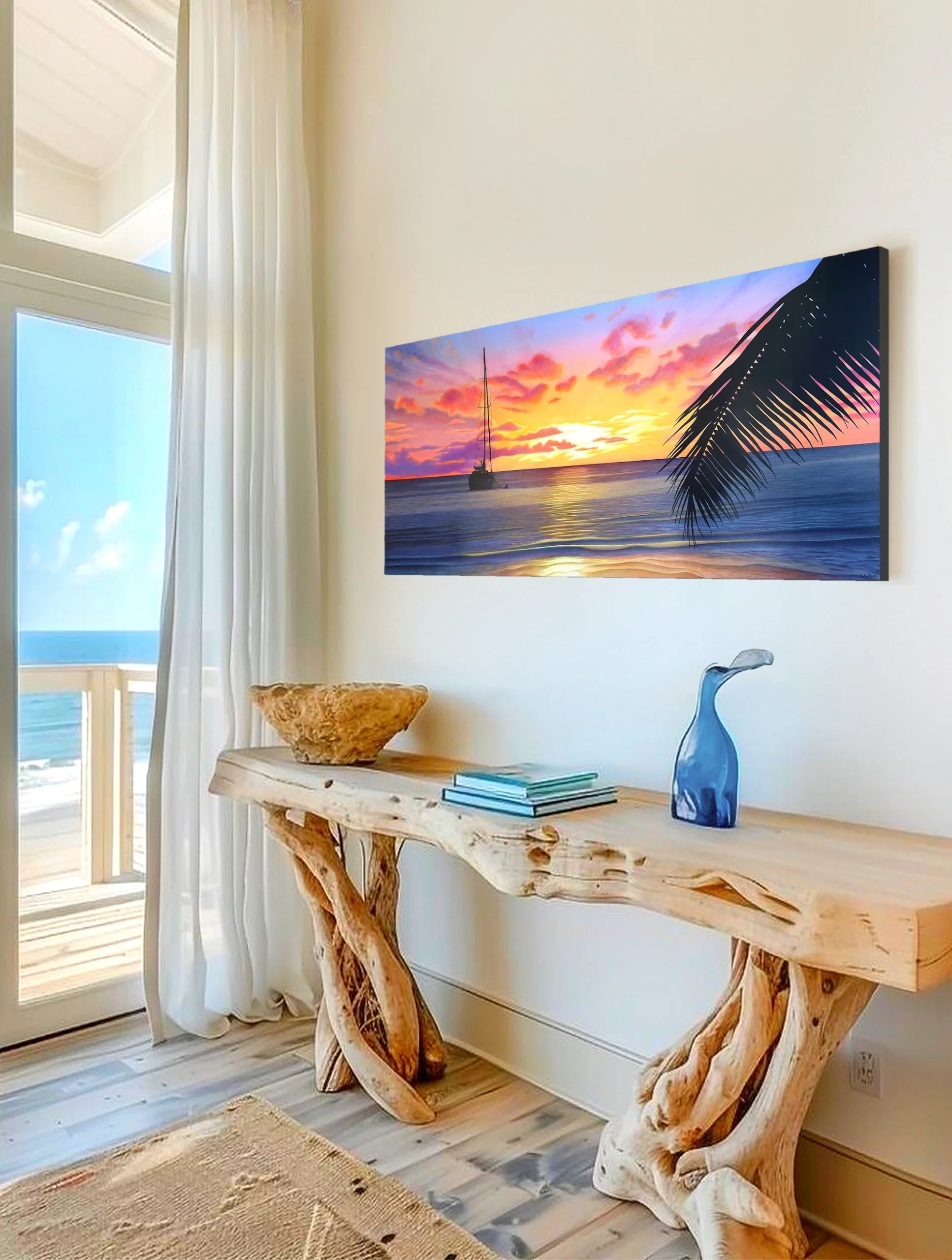 Décoration tropicale et exotique avec un Grand tableau d'un coucher de soleil sur la mer de tahiti.