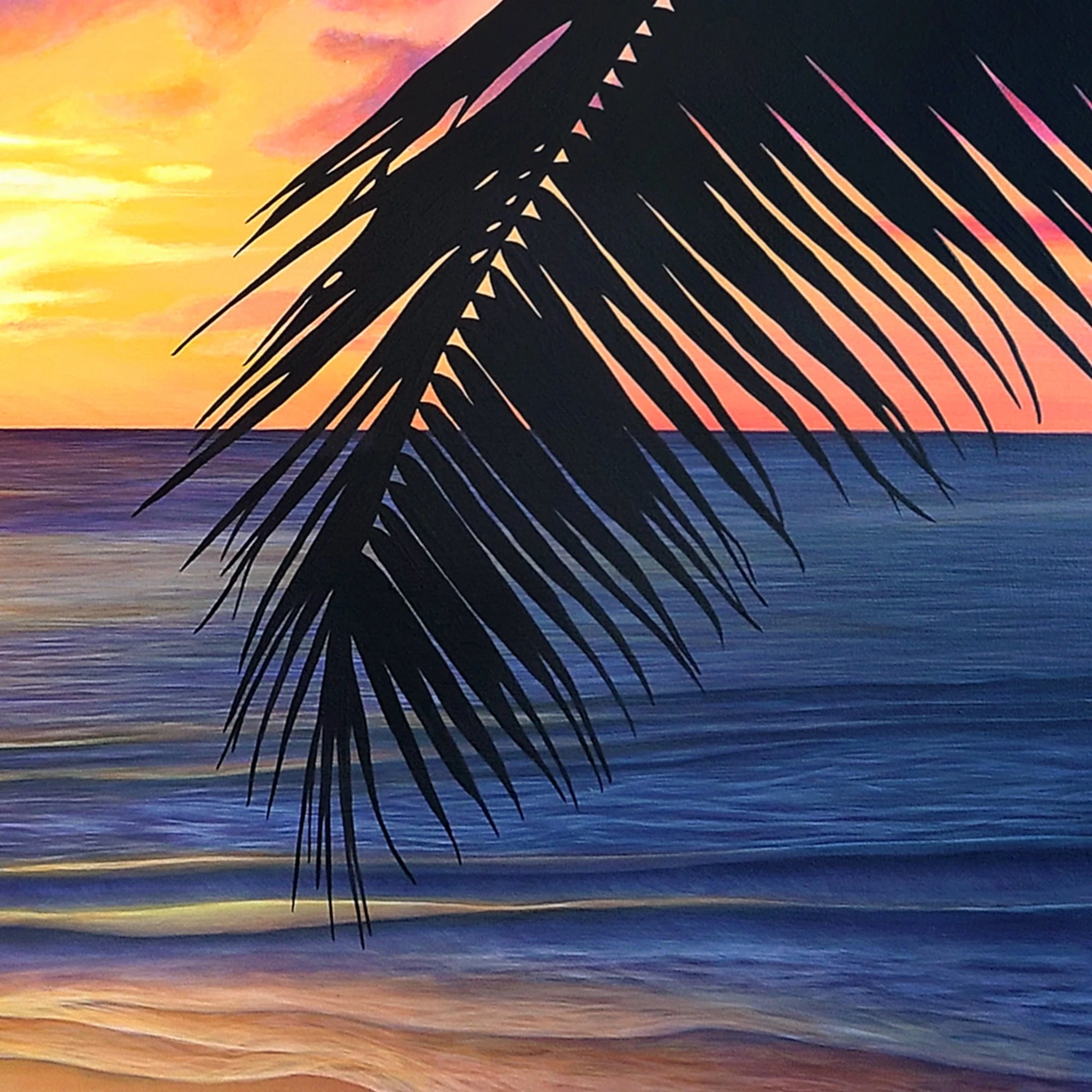 Peinture murale tropicale et exotique d'un coucher de soleil sur la mer de tahiti.