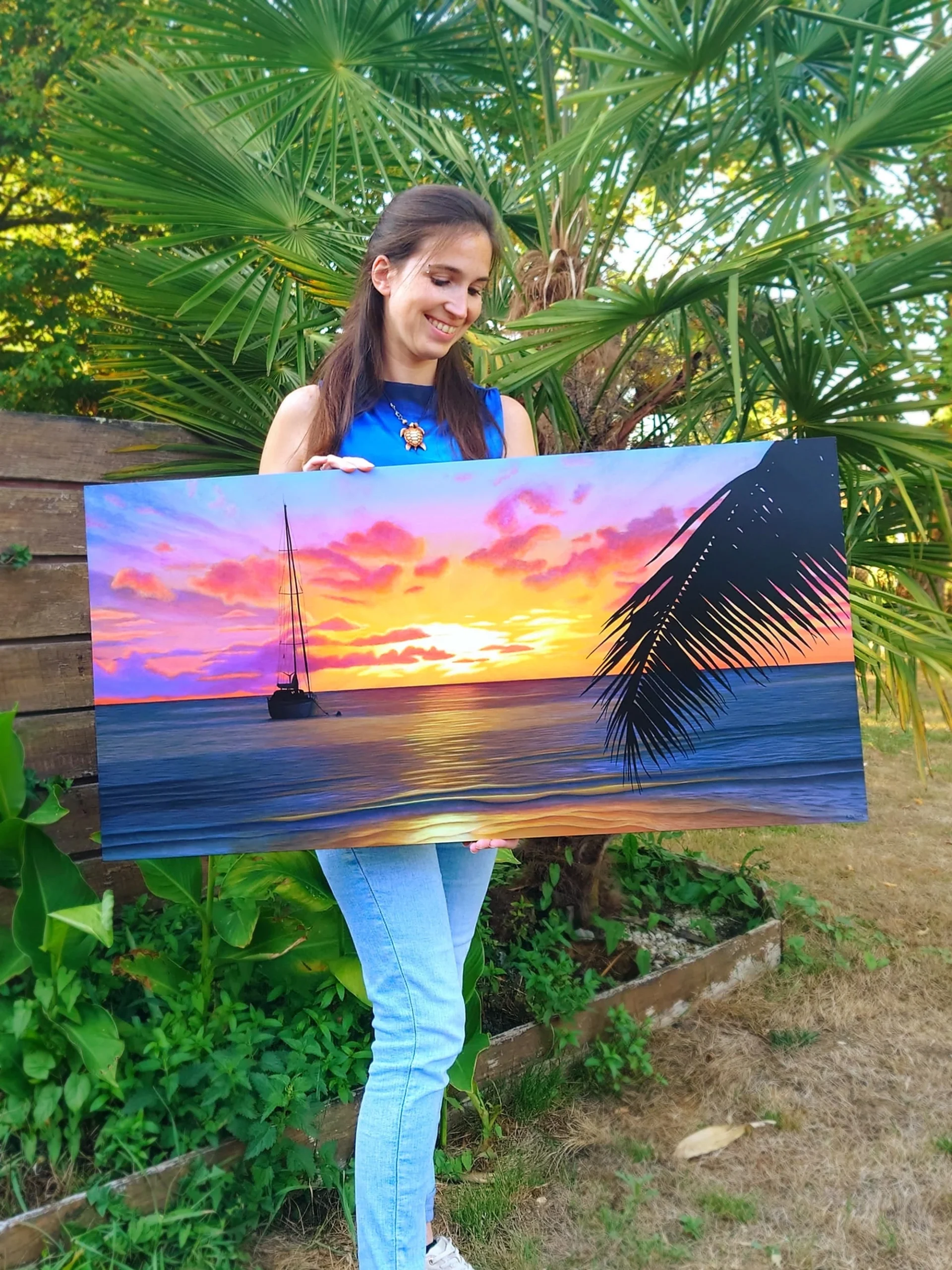 Peinture acrylique d'un coucher de soleil sur la mer de tahiti sur bois naturel monté sur châssis par Aline Belliard
