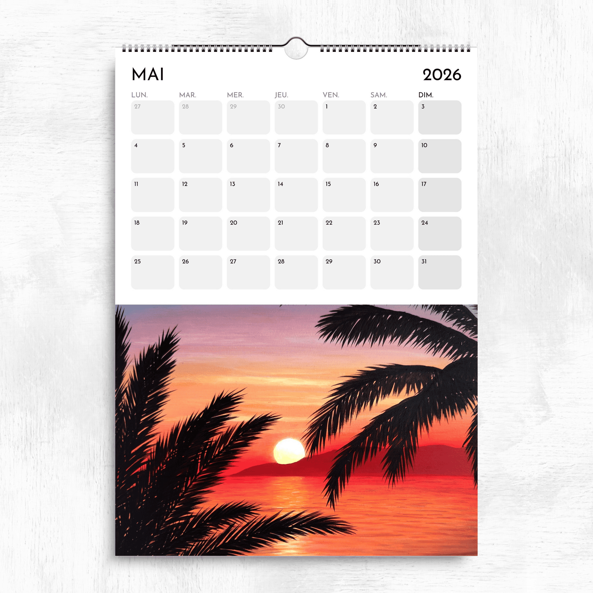 Calendrier océan tropical 2026 - Coucher de soleil sur la mer et palmiers